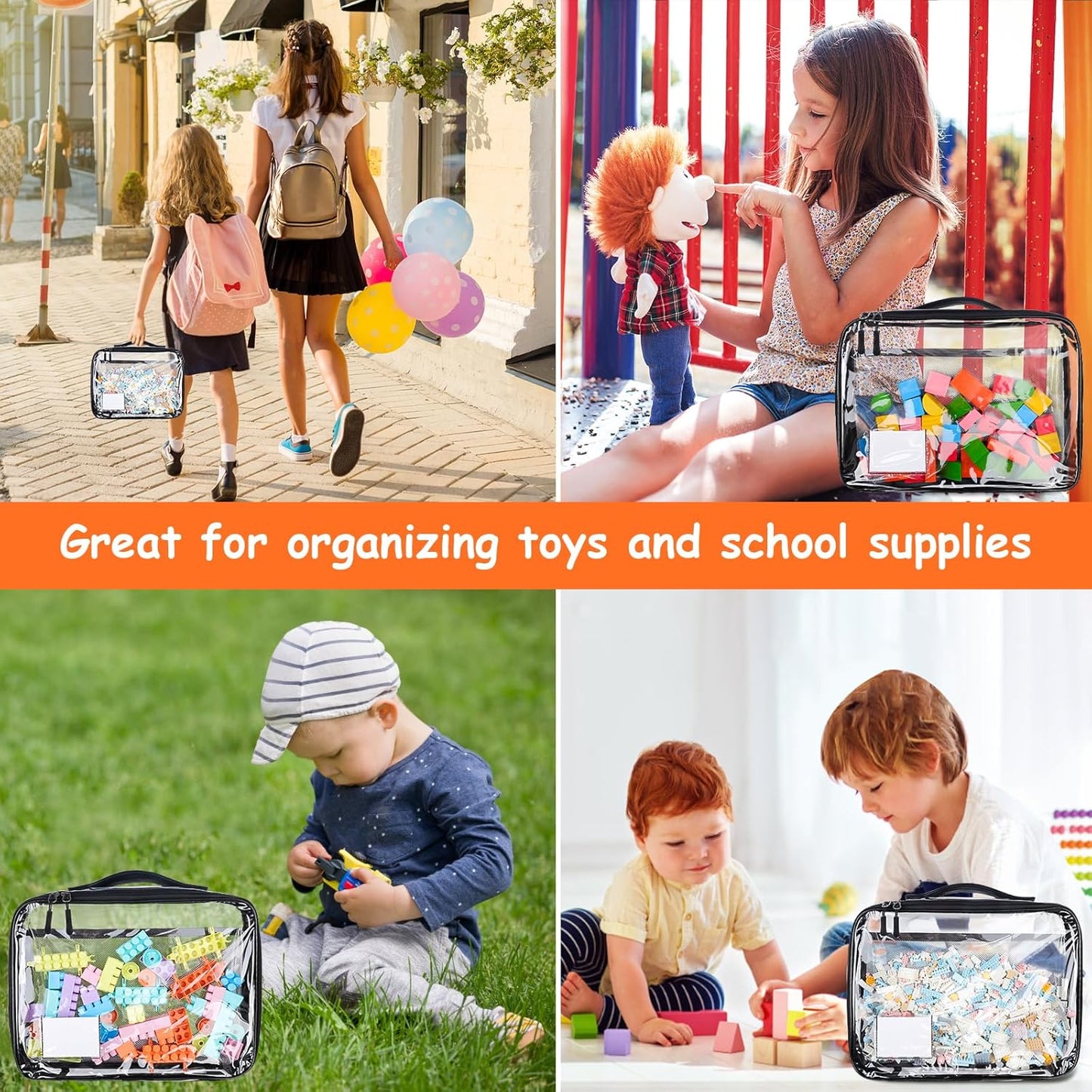 4 Pack Toy Storage Organizer Bag for Lego Bricks, Clear PVC Zippered Block Set with Manual Pocket& Name Tag, Waterproof Toy Carrying Case for Board Game, Building Blocks& Puzzles (Large, Black)
