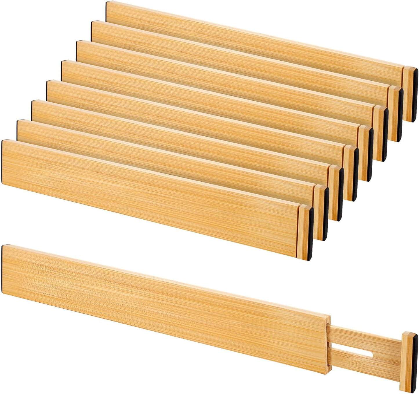 Bamboo Drawer Divider Set of 8, Adjustable Spring-Loaded Drawer Organizer (16.9"-22.2"), 2.3" Height, Suitable for Kitchen, Desk, Bathroom, Clothing, and Miscellaneous Drawer Organization, Natural