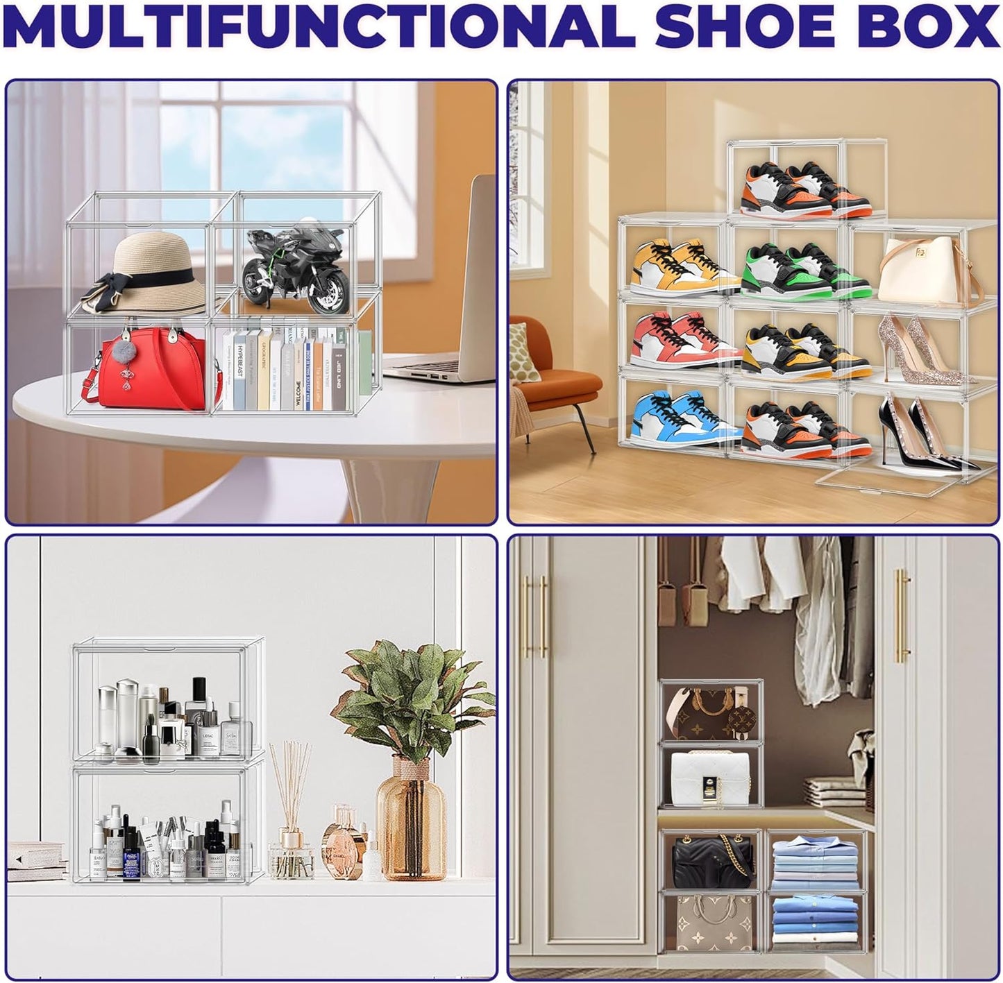Shoe Storage 6 Pack Size 13 Acrylic Clear Shoe Storage Box Stackable Large Sneakers Display Case with Magnetic Door Hat Boxes Shoe Organizer for Closet