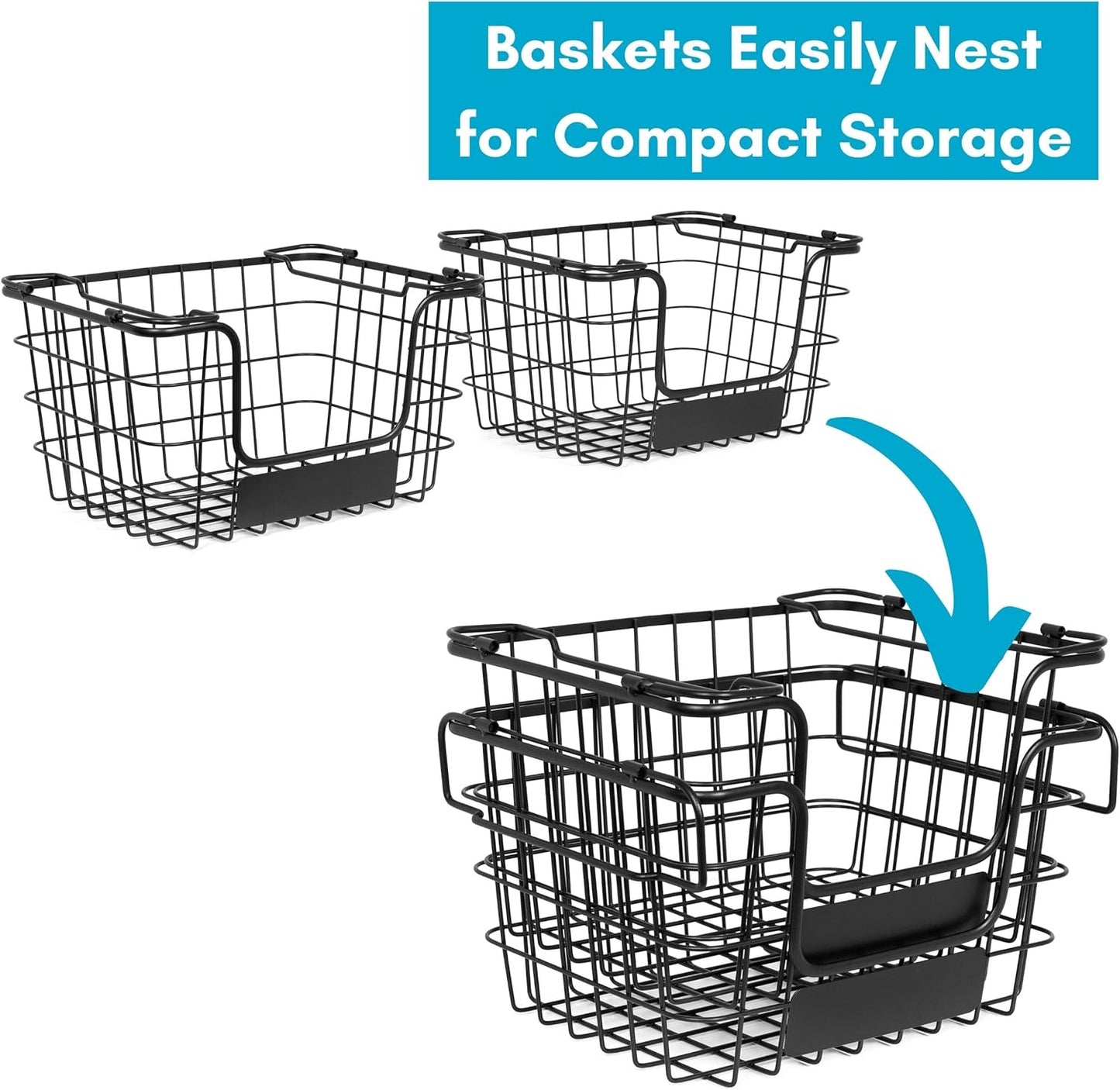 BIRDROCK HOME Stacking Wire Market Baskets with Chalk Label | Set of 2 | Fruit Vegetable Produce Metal Storage Bin for Kitchen Counter | Black