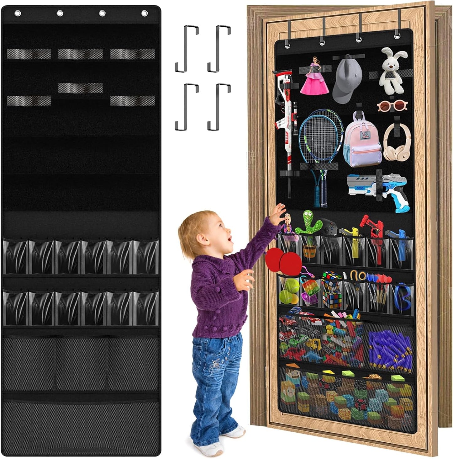 Over the Door Organizer for Building Blocks, Kids Toys Storage with Pockets and Slots for Stuffed Animal, Foam Blasters, Darts, Door Organizer hanging for Toys Storage, Kids Game Rooms