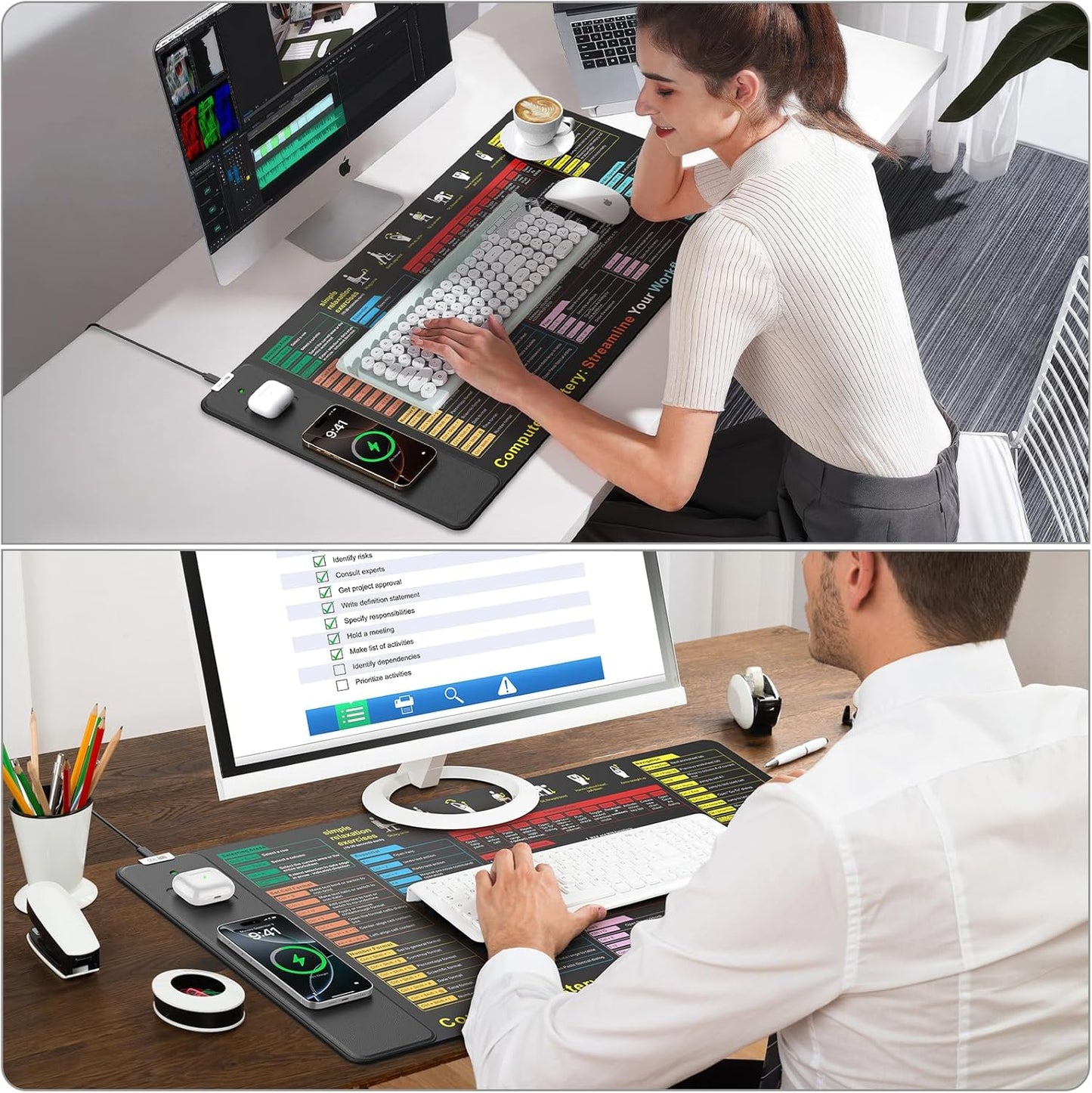 Excel Cheat Sheet Mouse Pad with Wireless Charging, 31.5"x15.8" Extended Excel Shortcuts Desk Pad, Waterproof Ultra-Smooth Keyboard Mat, Non-Slip Base