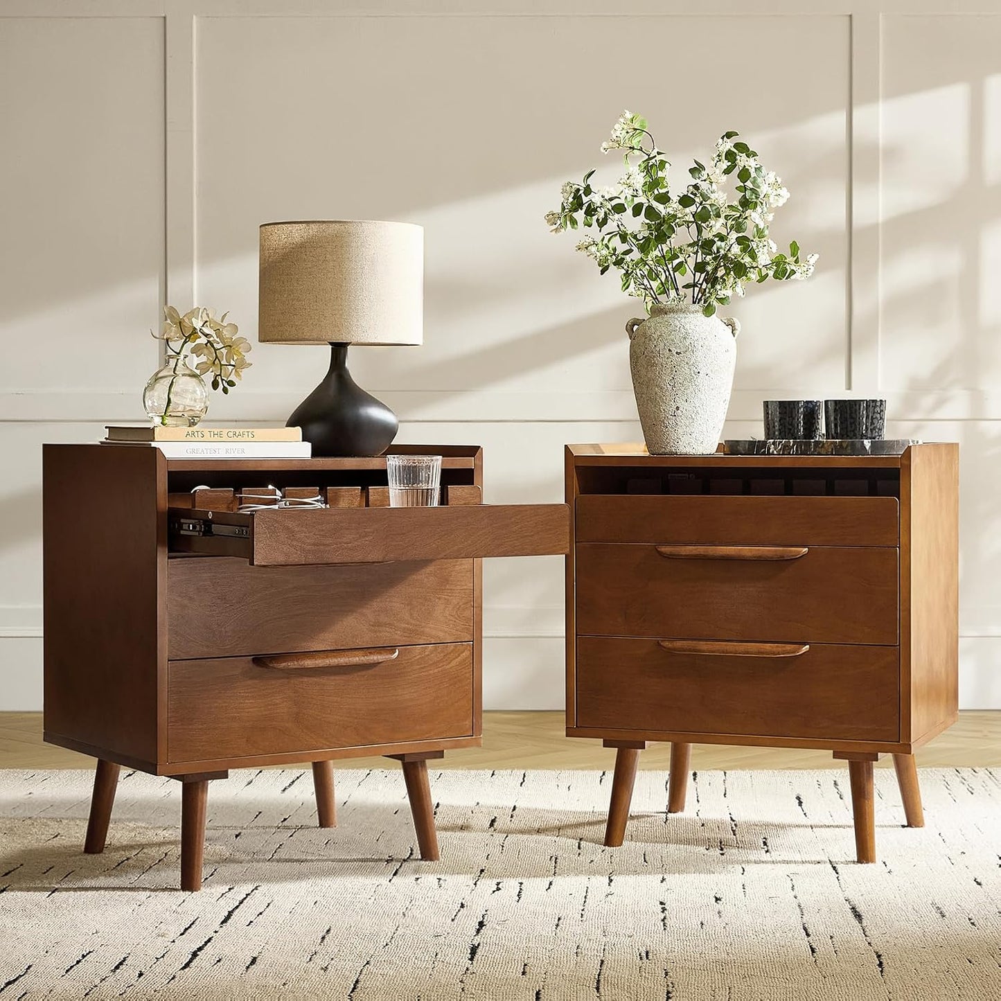HULALA HOME Nightstand with Charging Station, Mid-Century Modern 2 Drawer and Open Shelf Bedside Tables, Wood Night Stand with USB Ports and Outlets for Bedroom Set of 2, Acorn
