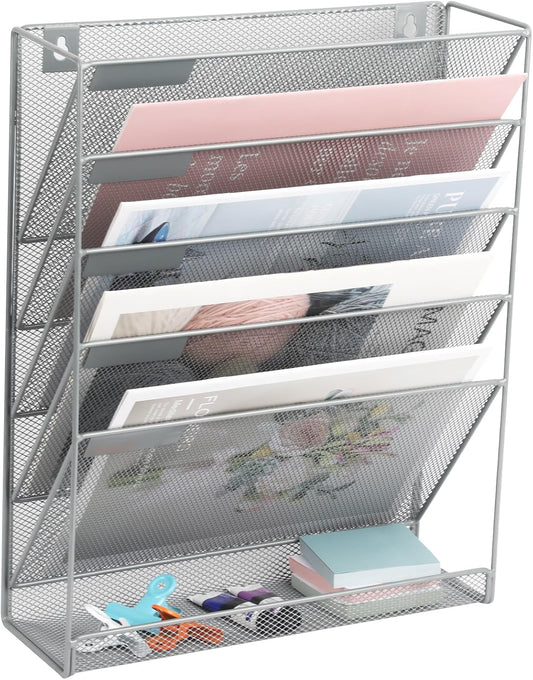 EASEPRES Desk File Organizer Mesh 6-Tier, Hanging Wall Mount Document Organization Stand, Desktop Vertical Mail Paper Folder Holder Rack with Bottom Tray for Office Home Cubicle Countertop, Gray