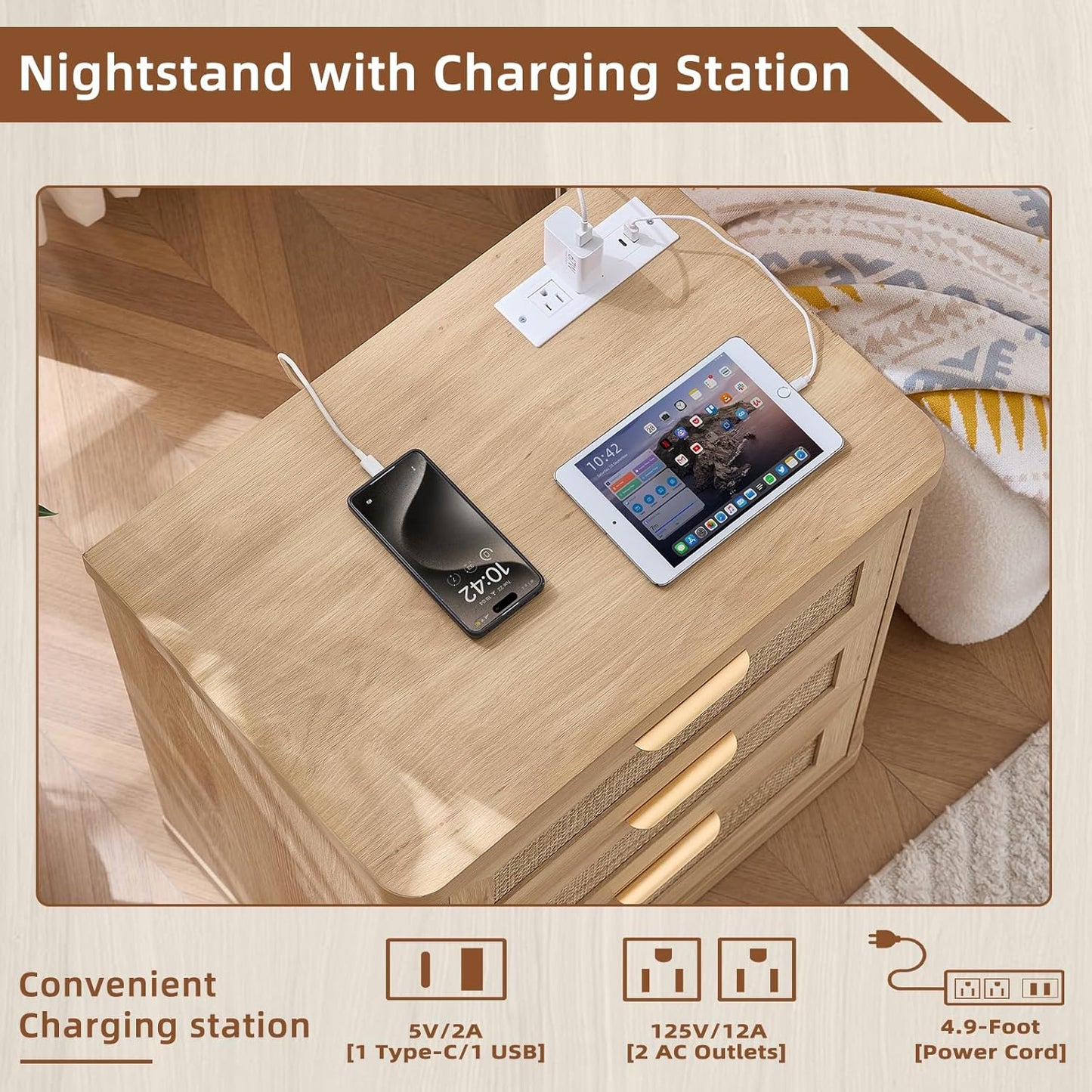 LEYAOYAO Rattan Night Stand Set of 2 with Charger Station, 23" Large 3 Drawer Boho Nightstand, Natural Wood Bedside Table Storage Cabinet, Bed Side End Tables for Bedroom, Living Room, Hallway