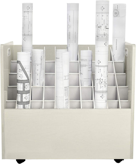 AdirOffice Adir Blue Print Storage Organizer - Mobile Roll File Cart, Construction Plan Holders, Blueprint Cabinet with Wheels, Roll Files Storage for Office and Home (50 Slots, White)