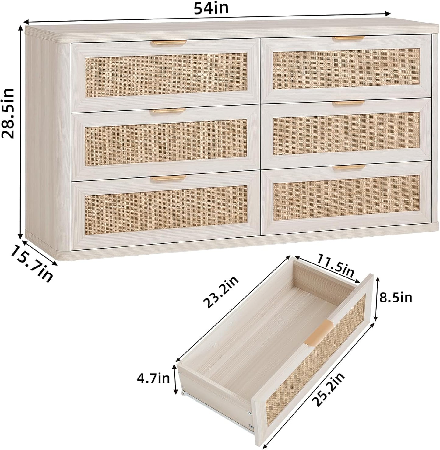 LEYAOYAO Rattan 6 Drawer Dresser for Bedroom, Boho 54" Wide White Dresser Chest of Drawers, Dressers TV Stand with Metal Handle, Storage Dressers Closet Organizer for Living Room, Hallway