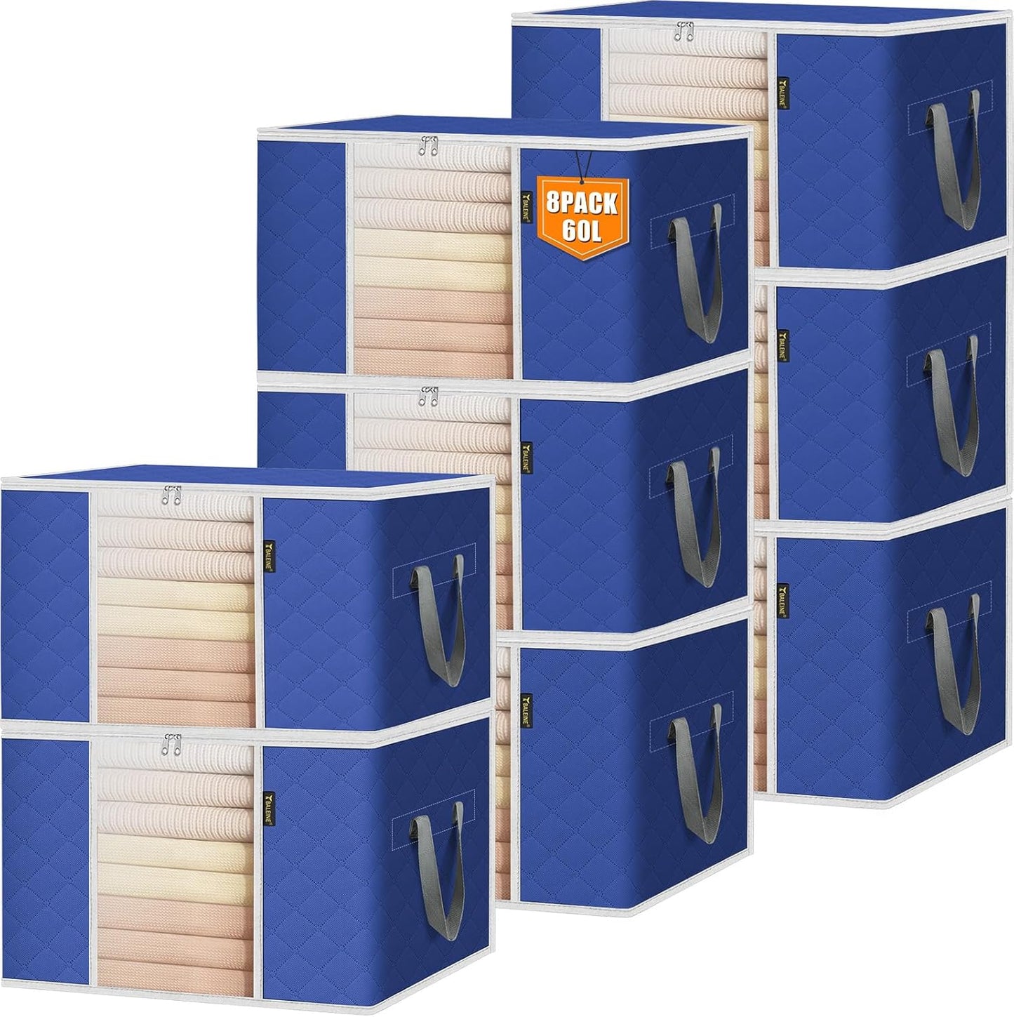 BALEINE 8 Pack Clothes Storage Bags, 16 Gallon Storage Containers with Reinforced Handle, Sturdy Zipper, Closet Organizer for Blanket, Comforter, Pillow, Bedding (Blue, 8 Pack)