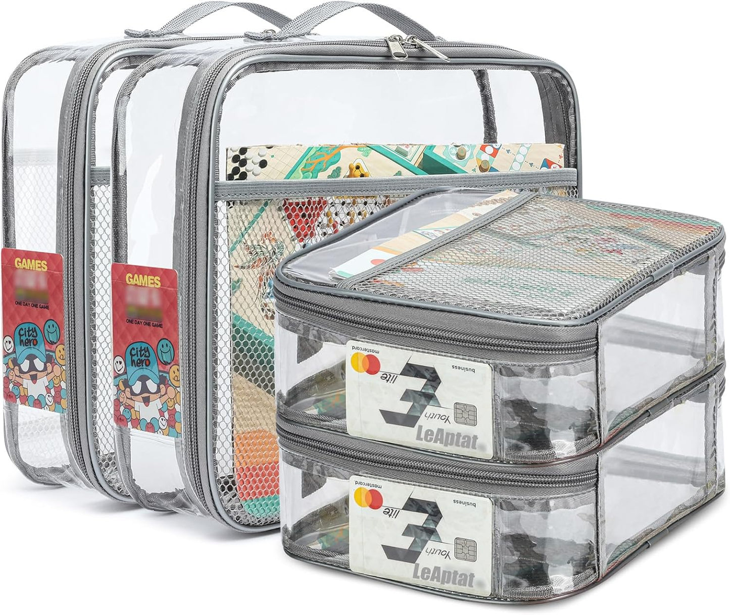 4 Pack Clear PVC Zippered Toy Storage Bags for Toy, Kids Toy, Building Blocks, Puzzle, Clay, Board Game Storage Organizer Travel Waterproof Small Bags With Name Tag Pocket (Gray, L & S)