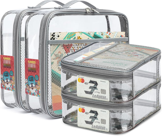 4 Pack Clear PVC Zippered Toy Storage Bags for Toy, Kids Toy, Building Blocks, Puzzle, Clay, Board Game Storage Organizer Travel Waterproof Small Bags With Name Tag Pocket (Gray, L & S)