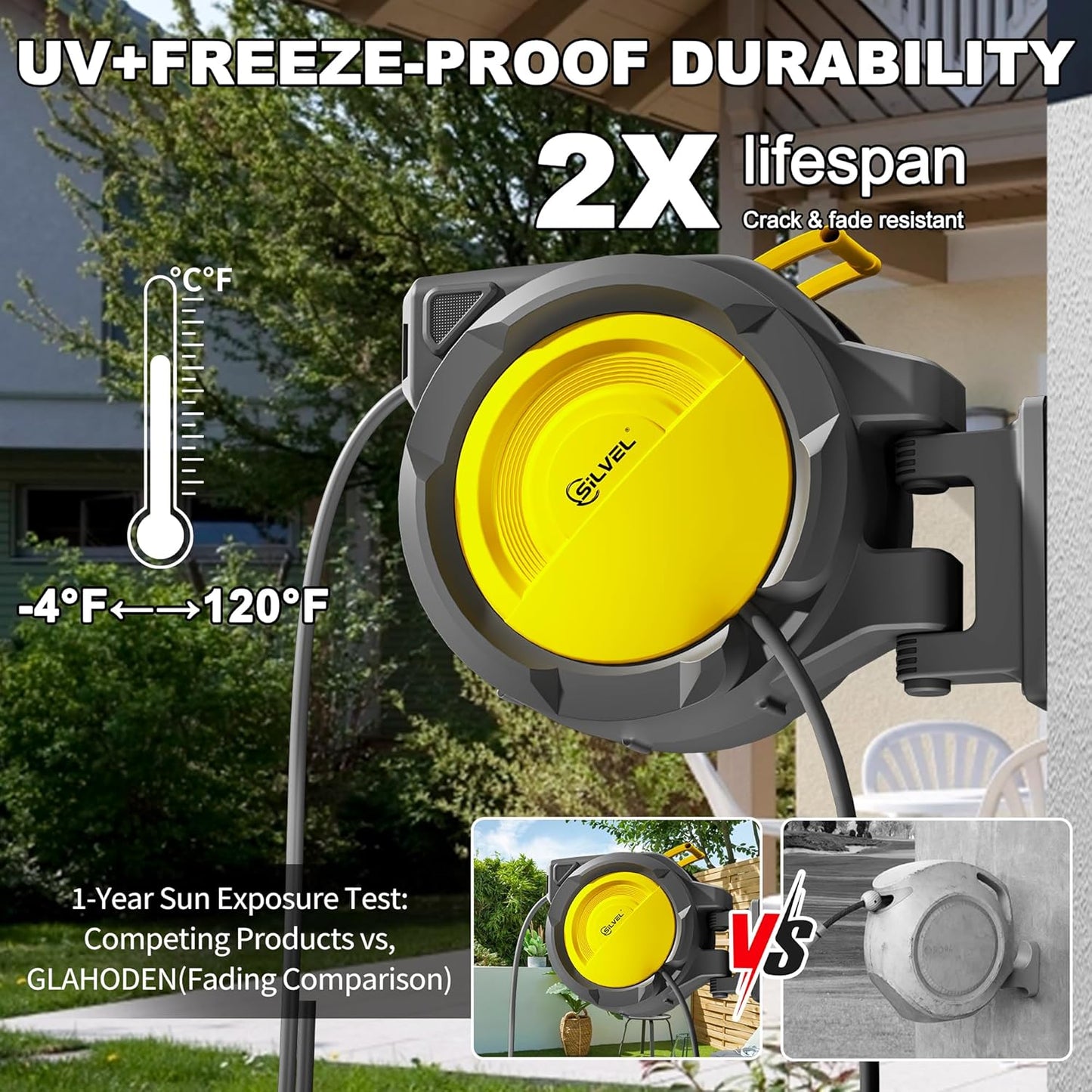 SILVEL Retractable Garden Hose Reel – 5/8 in x 110FT Heavy Duty Automatic Hose Reel Wall Mounted, UV Resistant with 10 Pattern Nozzle, Any Length Lock & Slow Return System, 180°Swivel Bracket, Yellow
