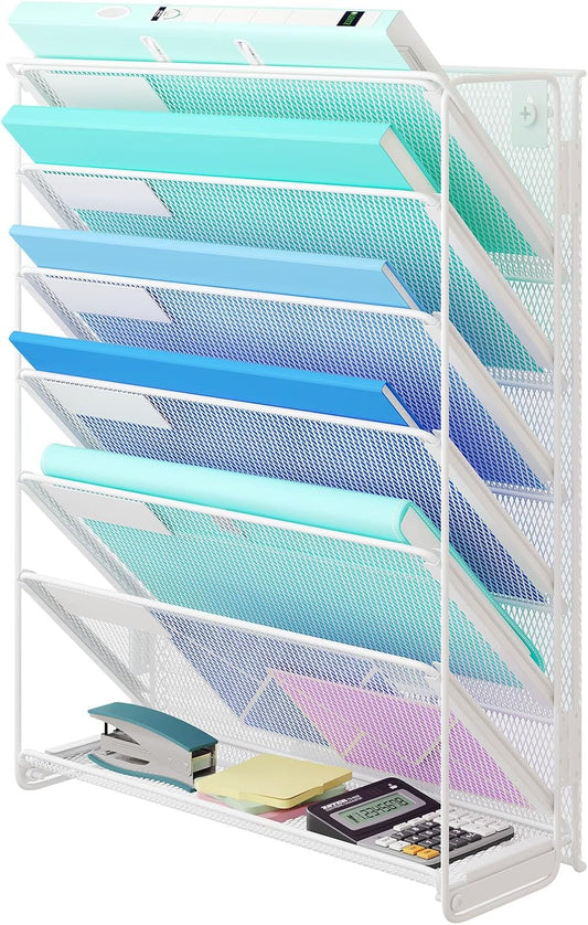 Kuntine.B Wall File Organizer Hanging Magazine Holder (White, 7 Tier)