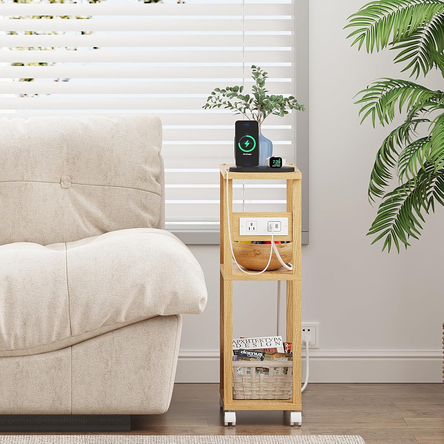 TUTOTAK Small Narrow Side Table with Charging Station, Skinny End Table for Small Spaces, Slim Nightstand with USB Ports and Outlet, Sofa Beside Table with Wheels, Natural TB01BN046
