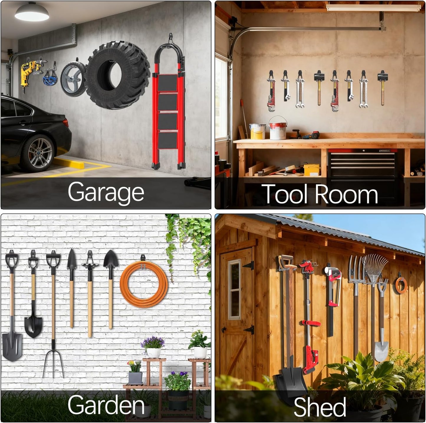 3-H Garage Wall Hooks 14 Pack, Garage Hooks Heavy Duty with Extra Welding Spots, Wall Mount Storage Organizer for Hanging Garden Lawn Tools Ladder Bike WeedEater Chair Shovel Blower (Grey)