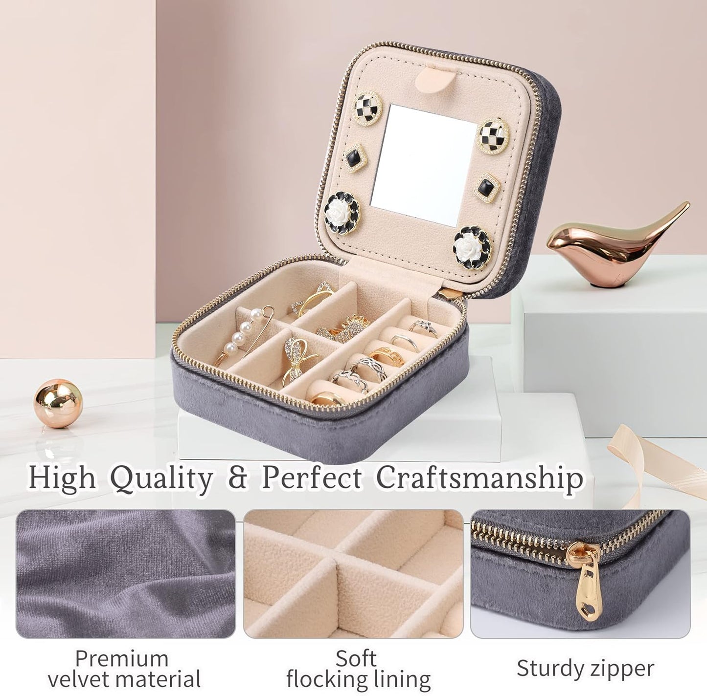 Dajasan Velvet Travel Jewelry Box, Mini Travel Jewelry Case, Small Portable Travel Jewelry Organizer Box with Mirror for Earrings Bracelets Rings Necklace (Grey)