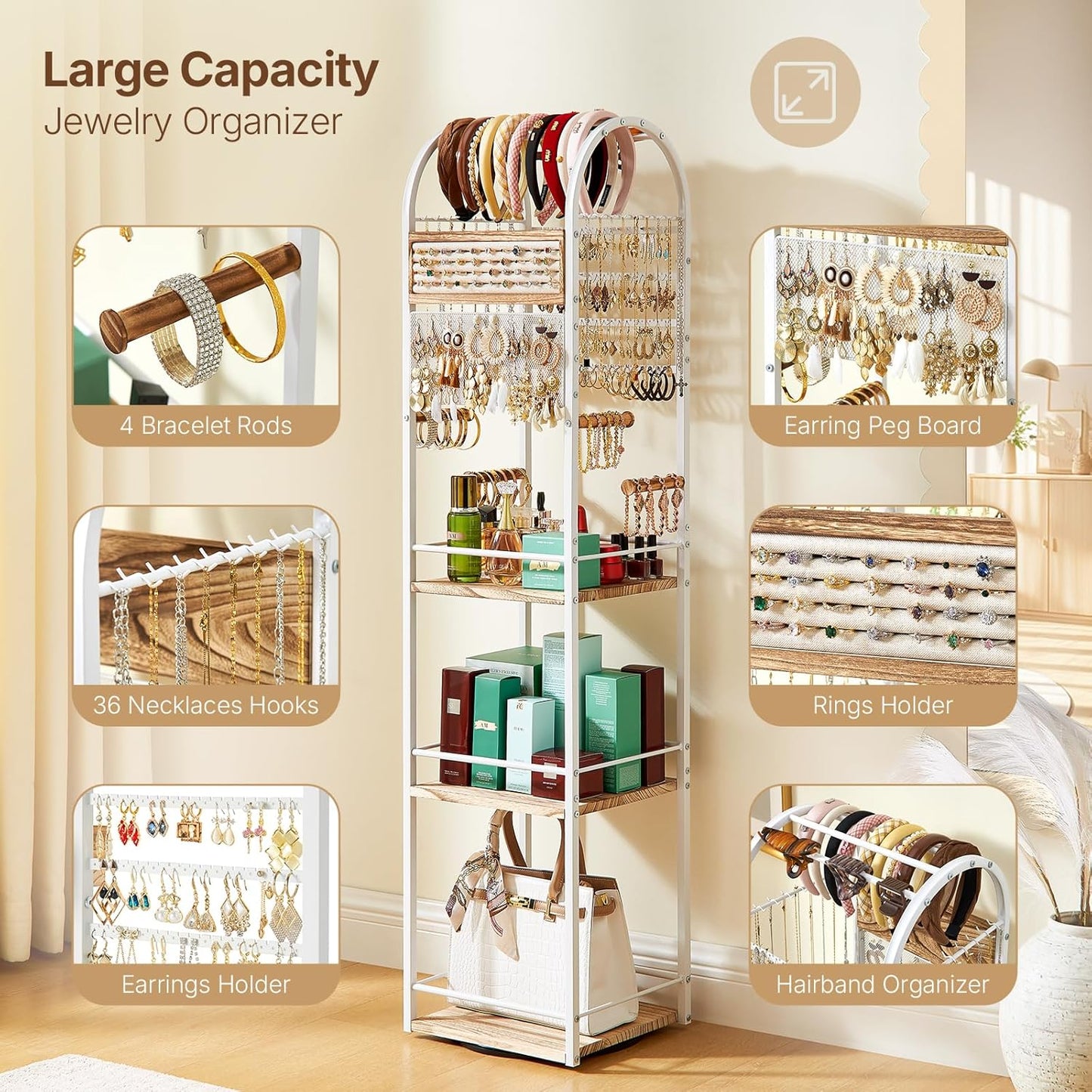 Jewelry Organizer Stand, 360° Rotating Floor Jewelry Holder with Earring Organizer Necklace Holder, 3 Floors Large Jewelry Stand Bracelet Ring Organizer, Women Jewelry Tree Organizer