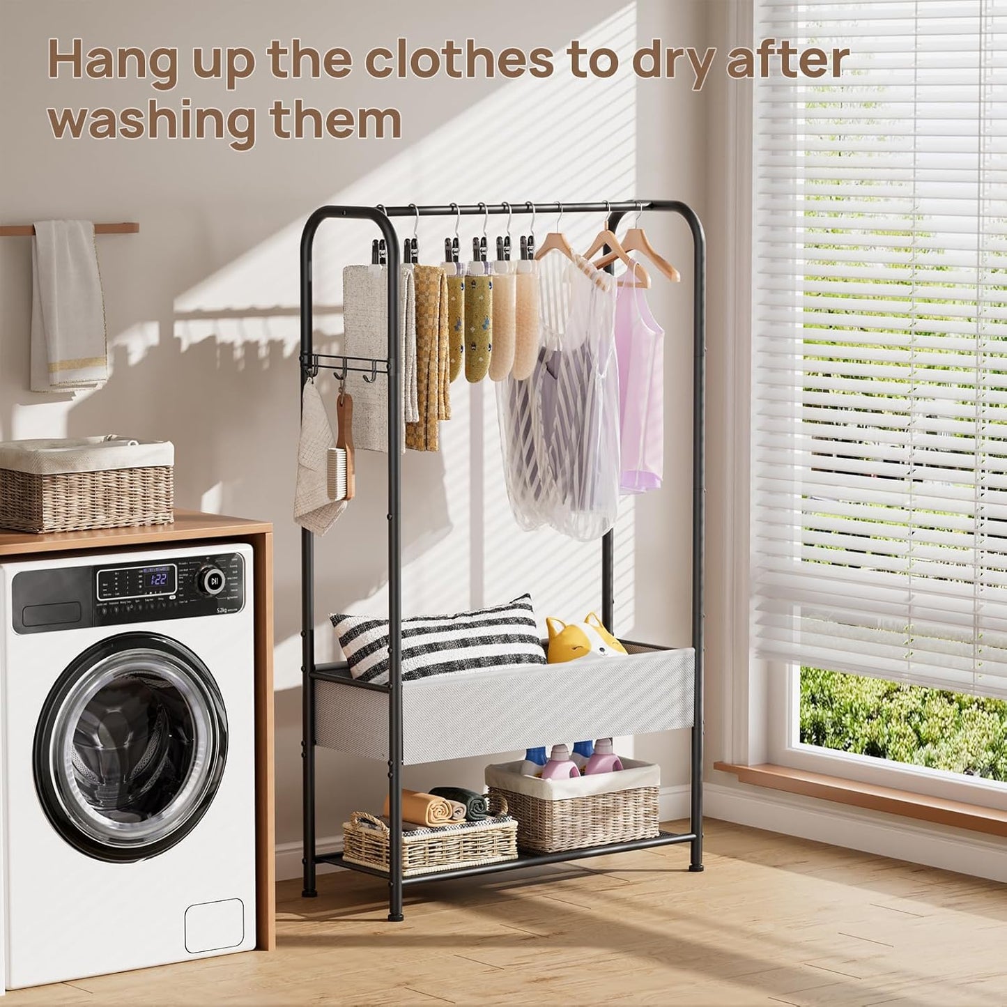 Freestanding Metal Garment Rack - Heavy Duty Coat & Clothes Hanger for Hanging/Drying, Portable Closet Storage for Laundry Room/Bedroom, Black
