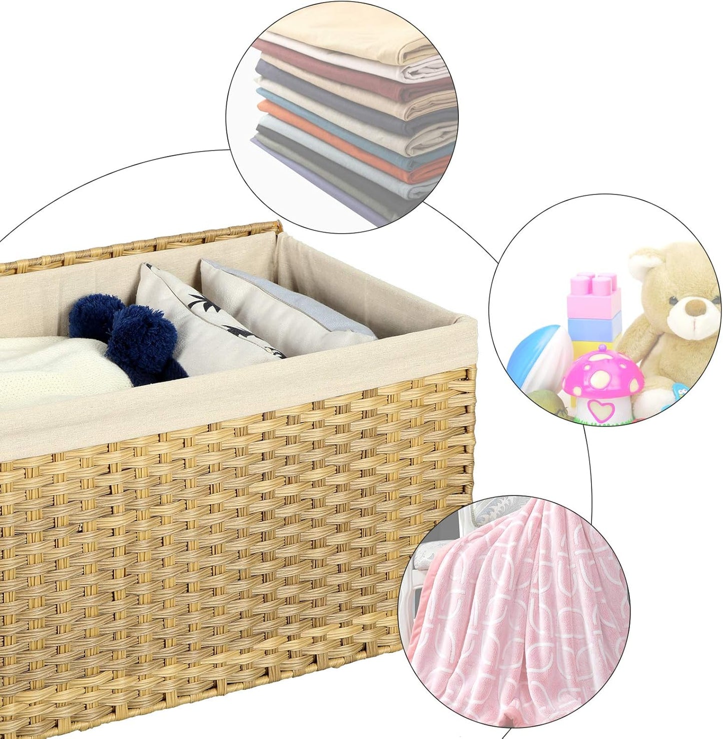 SONGMICS Storage Basket with Lid, Woven Blanket Storage Bin with Handles, Foldable, Removable Liner, Metal Frame, for Bedroom, Laundry Room, 17.2 Gallons (65 L), Natural URST56NL