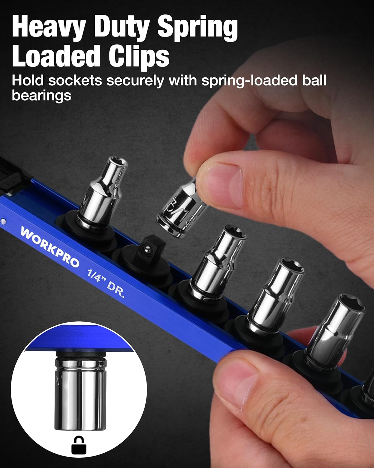 WORKPRO Magnetic Socket Organizer, 1/4" Drive Aluminum Alloy Socket Holder, Heavy Duty Socket Rail with 12 PC Removable Socket Clips, Socket Organizer Tray for Tool Box Drawer (Sockets Not Included)