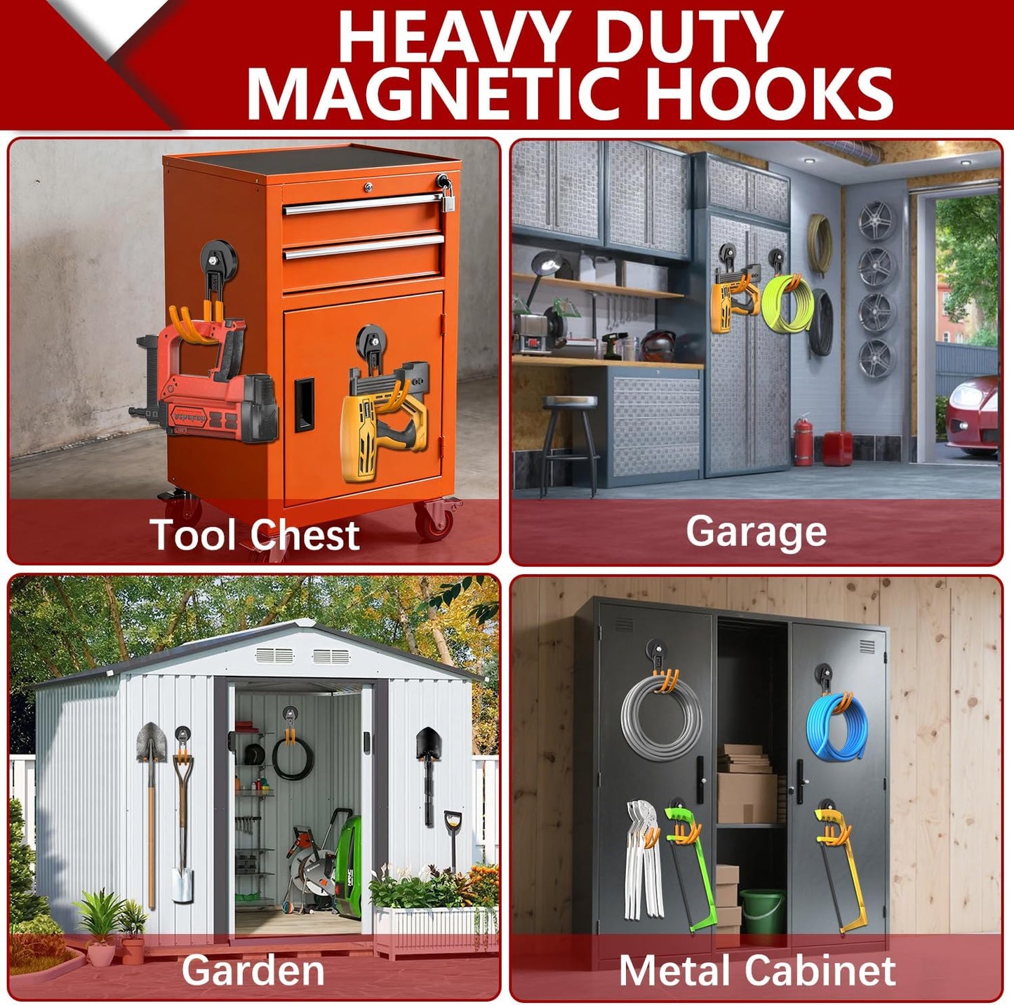 3-H Heavy Duty Magnet Garage Hooks 2 Pack, J Shape Strong Magnetic Hooks for Hanging Cordless Power Drill, Utility Magnetic Tool Holder for Metal Cabinet, Steel Pegboard, Toolbox, Garage(Orange)