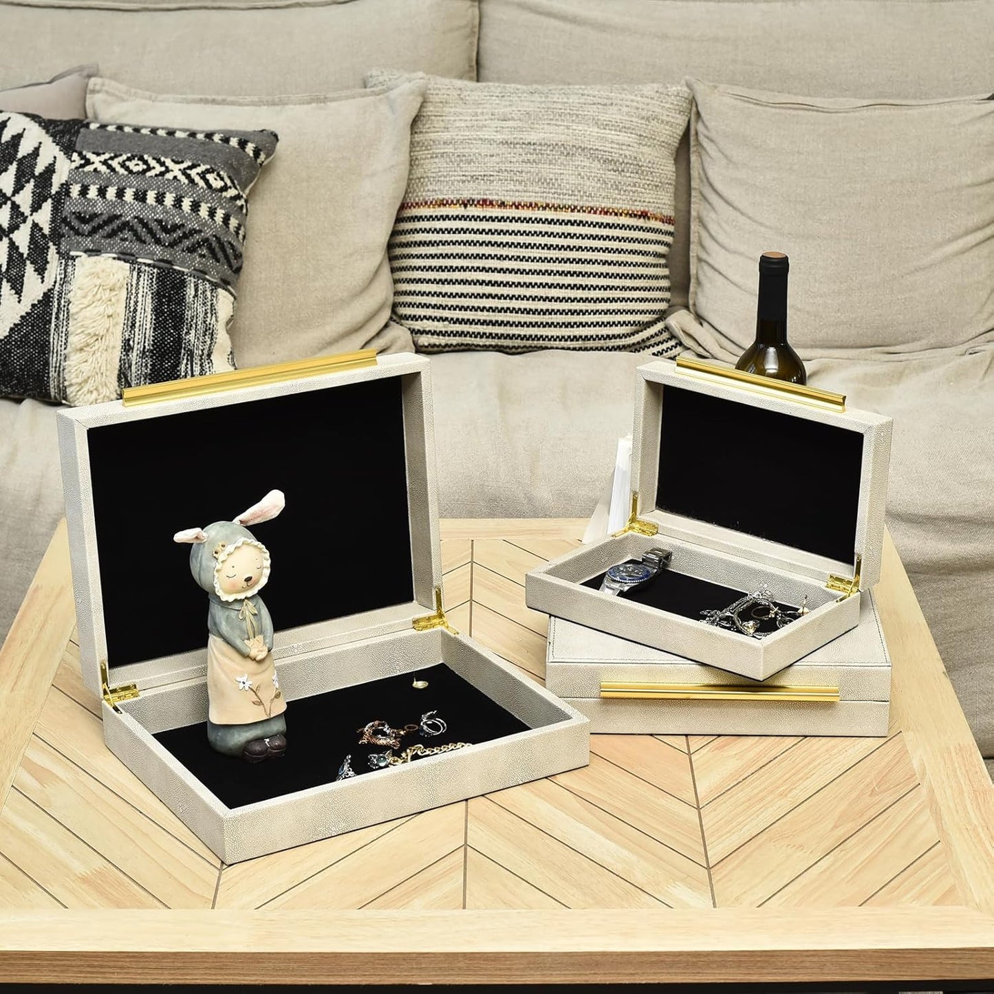Faux Shagreen Leather Jewelry Storage Boxes Set of 3 with Gold Handles, Velvet Lined Stackable Organizer for Women, Vanity, Dresser, Gift, White