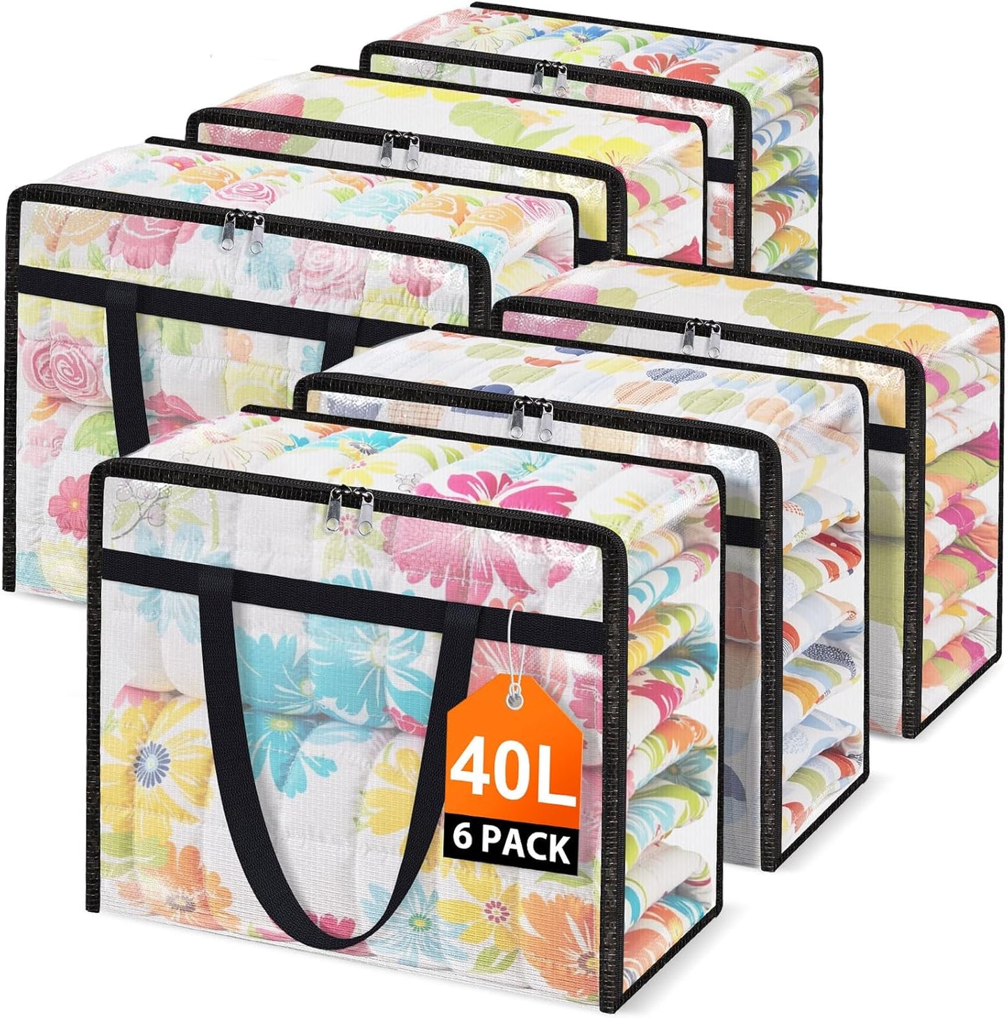Clear Under Bed Storage Containers - 6 Pack Large Capacity Clothes Storage Bags with Lid & Sturdy Handles, Foldable Moving Bags, Clothing Organizer Totes for Bedding, Comforter, Sheet（40 L）