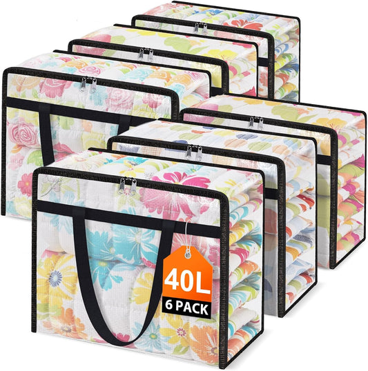 Clear Under Bed Storage Containers - 6 Pack Large Capacity Clothes Storage Bags with Lid & Sturdy Handles, Foldable Moving Bags, Clothing Organizer Totes for Bedding, Comforter, Sheet（40 L）