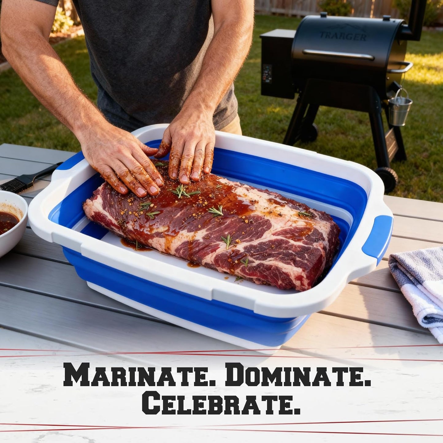 KITCHEN PERFECTION Collapsible XL Smoker & BBQ Prep Tub with Locking Lid & Cutting Board - Grill Caddy Container for Meat Marinating & Brine Perfect For Brisket, Turkey & Ribs - Best Gift For Men