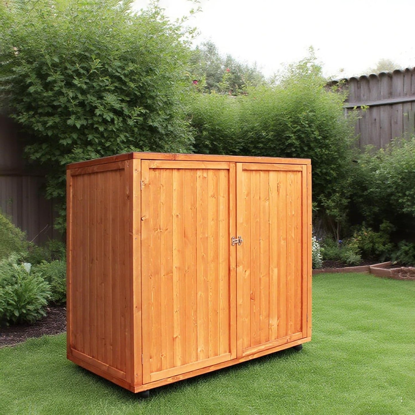 30 cu ft Outdoor Storage Shed, Wooden Trash Can Cabinet with Removable Wheels & Lockable Door for Patio, Garden, Garage