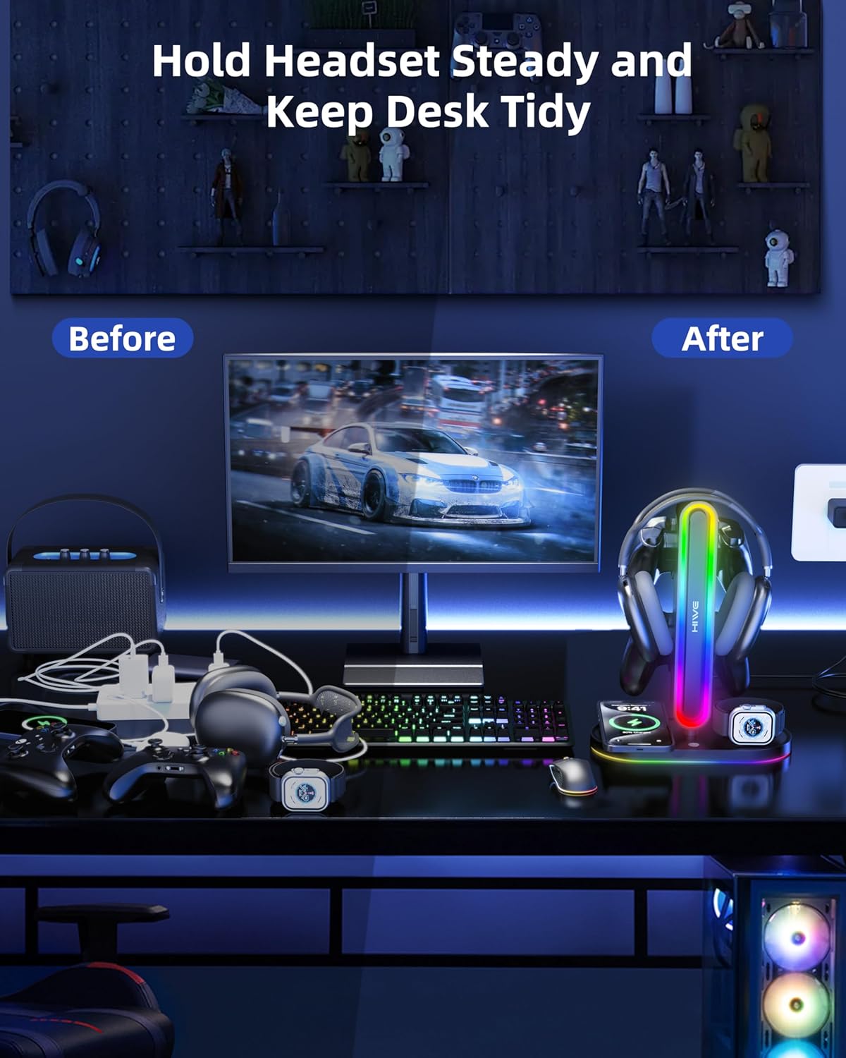HiWe Universal RGB Gaming Headphone Stand with 2 Controller Holder, Wireless Charger for iPhone/iWatch, Solid ABS, Non-Slip Base, with USB-A & USB-C Outputs, Adatper Included, Black