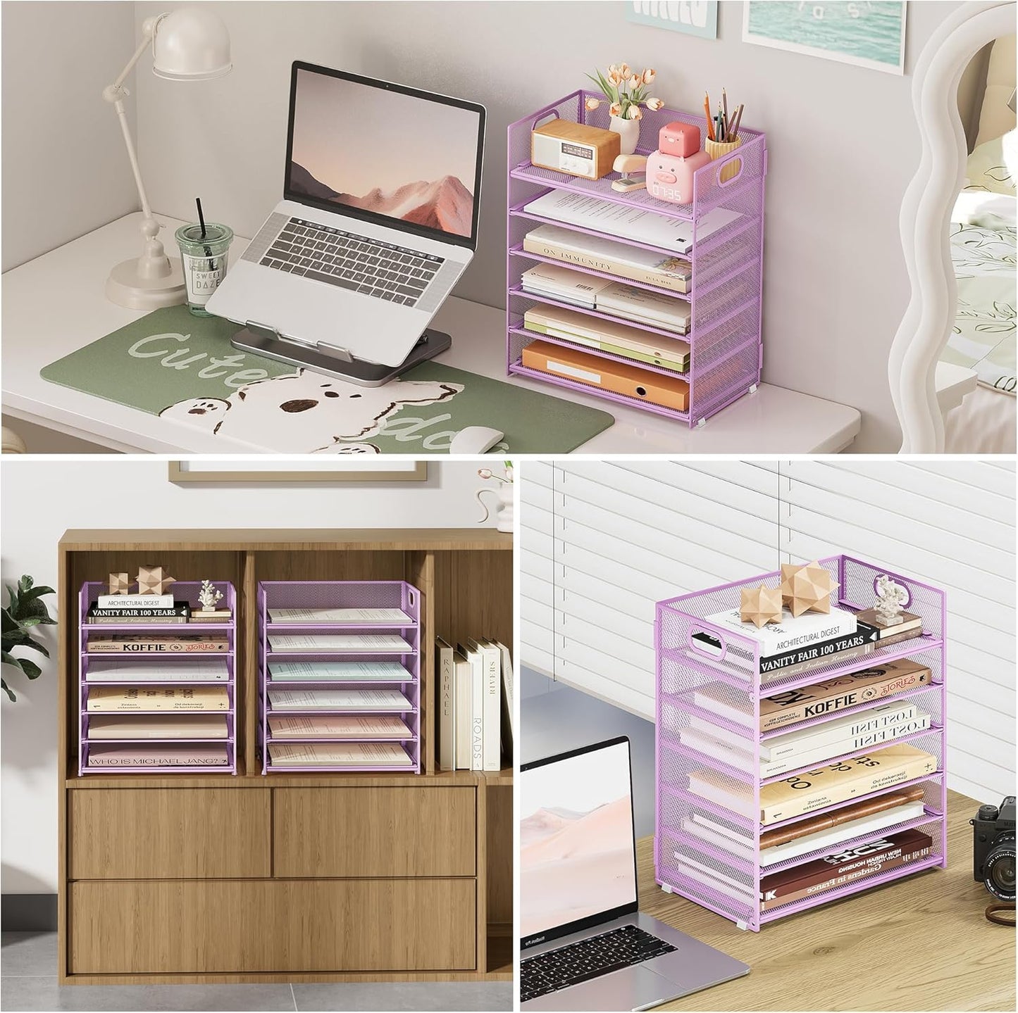 Subekyu 6 Tier Paper File Tray Organizer for Desk, Purple Mesh Desk Letter Paper File Folder Accessories Sorter Organizer with Handle, Stackable Slide Tray for Office, Home or School Supplies Storage