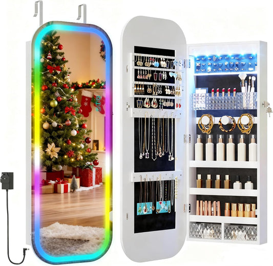 LVSOMT Round Mirror Jewelry Cabinet Door Hang, Jewelry Armoire with Mirror Wall Mounted, Hanging Mirror Jewelry Organizer, Full Length Mirror with Jewelry Storage, RGB Lights