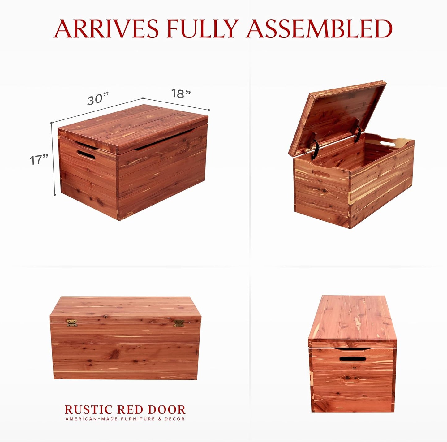 Amish Made Wooden Storage Chest Trunk Box with Lid and Handles for Bedroolanket, Clothes, Anti-Slam Hinges, Handmade, Rustic, Cedar Wood, Natural Stain, 30"