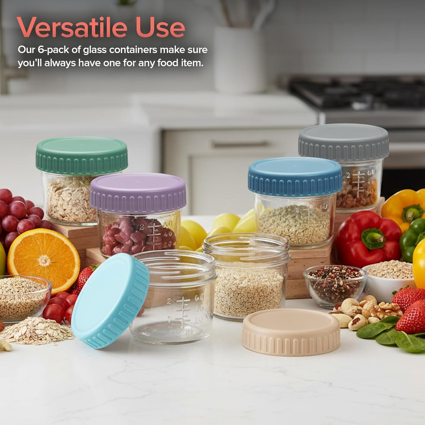 Stock Your Home Glass Bariatric Portion Control Containers (6 Pack), 4 oz Mini Food Storage Jars with Leakproof Lids, Color Coded Meal Prep Containers for Bariatric Meals, Snacks and Baby Food