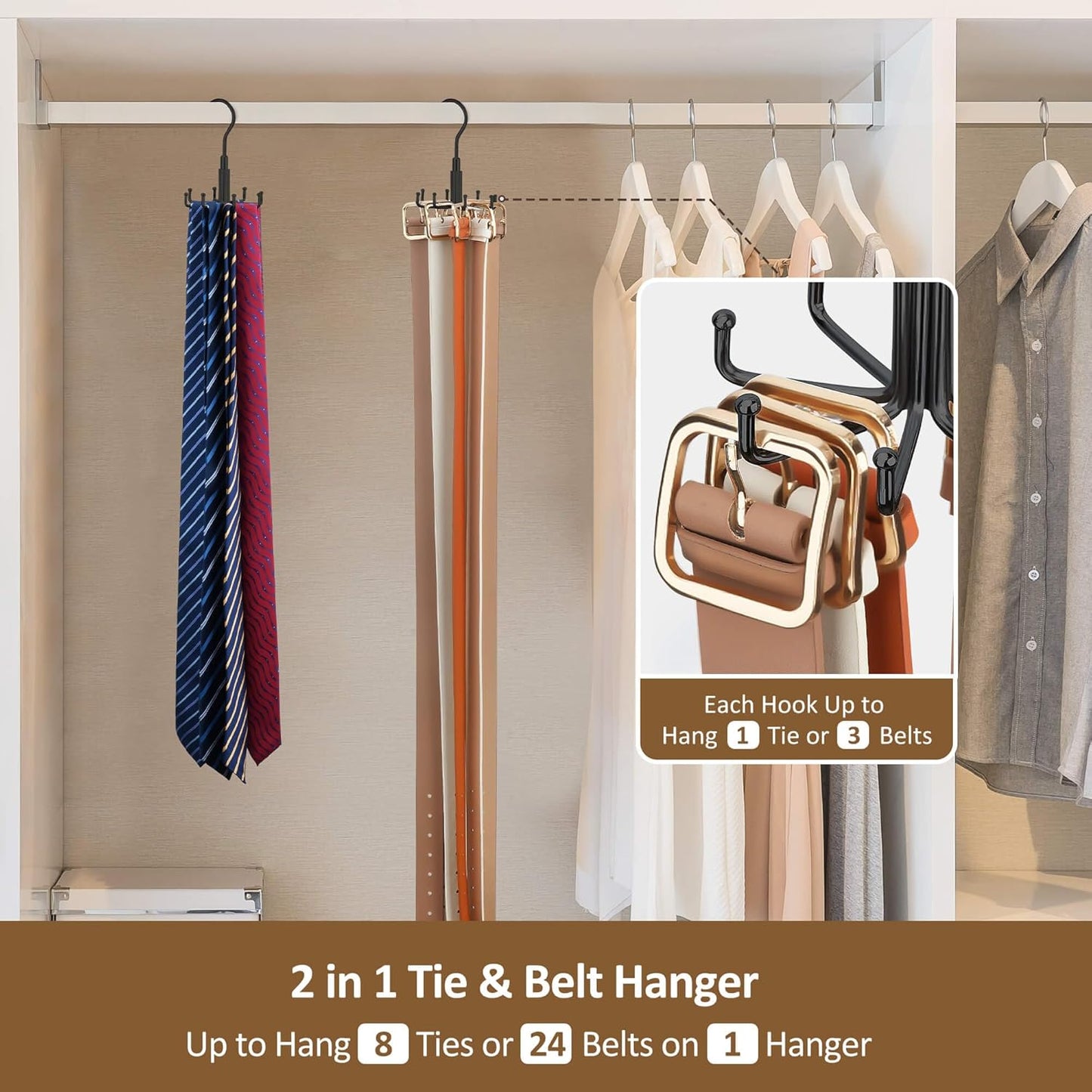 ZEDODIER Tie Hanger for Closet, Rotatable Tie Organizer for Men with 8 Hooks, Heavy Duty Space Saving Tie Rack for Ties and Belts, Black