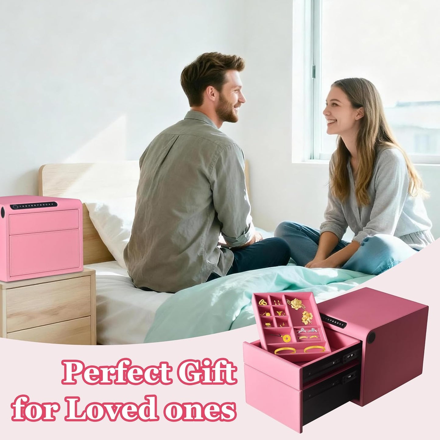 Biometric Fingerprint safe, Slide-Away Handgun Safe for Pistols, Leather Wrapped Jewelry Storage Safe, Drawer Safe for Home,Digital Keypad & Quick-Access Drawer (Pink-2 Drawer)