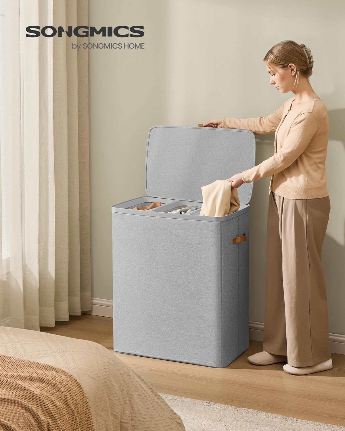 SONGMICS Laundry Basket, 50.2 Gal. Laundry Hamper, 3 Compartments, Easy Assembly, with Lid and Handles, Removable Liners, 25.2 x 15.7 x 29.5 Inches, Dove Gray ULCB814GD01