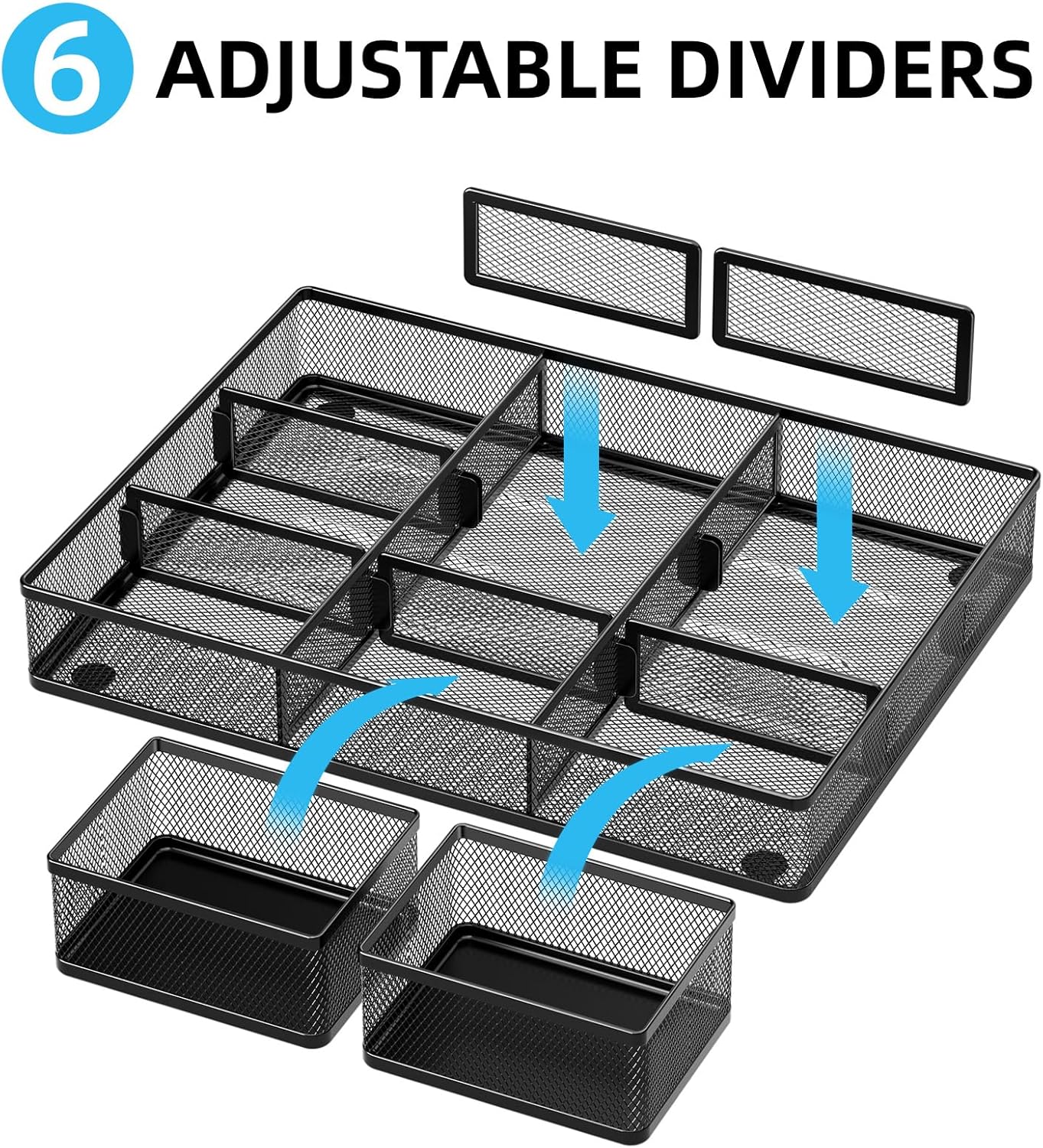 Marbrasse 3 Packs Desk Drawer Organizers, Metal Mesh Dividers Desk Drawer Organizer Tray with 9 Adjustable Compartments, Pen Organizer for Drawer Tray Box Accessories for Desktop,Kitchen, Makeup