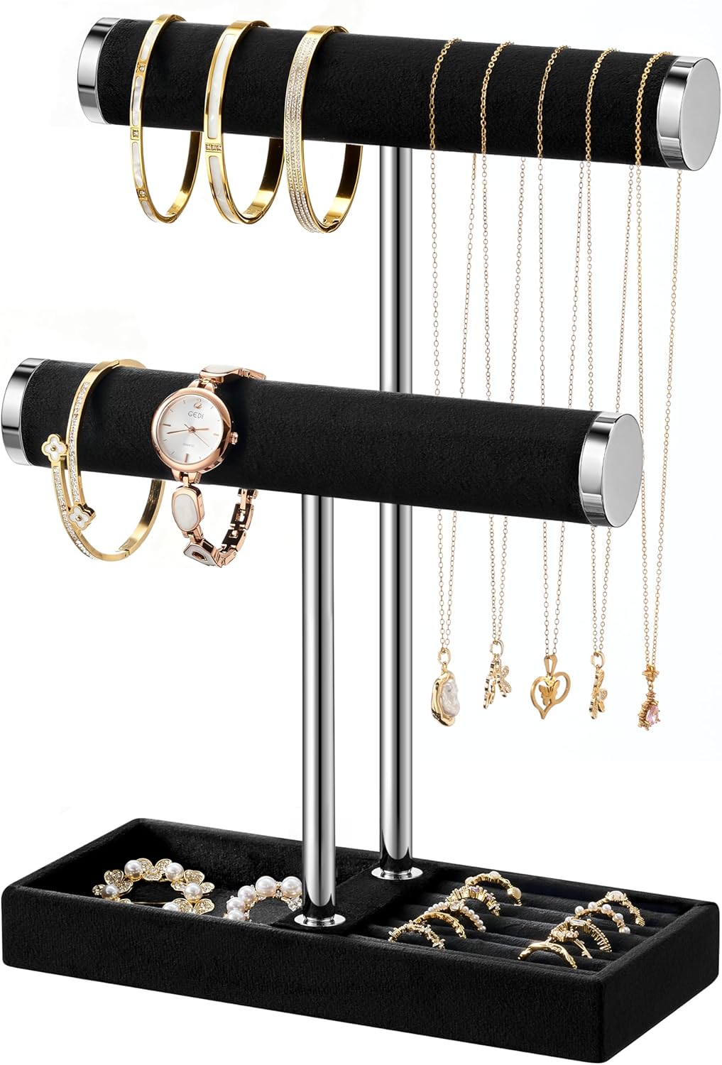2 Tier Bracelet Holder Display - Detachable T Bar Black and Silver Velvet Bracelet Holder, Jewelry Holder Organizer for Bracelet, Necklace, Earrings, Rings
