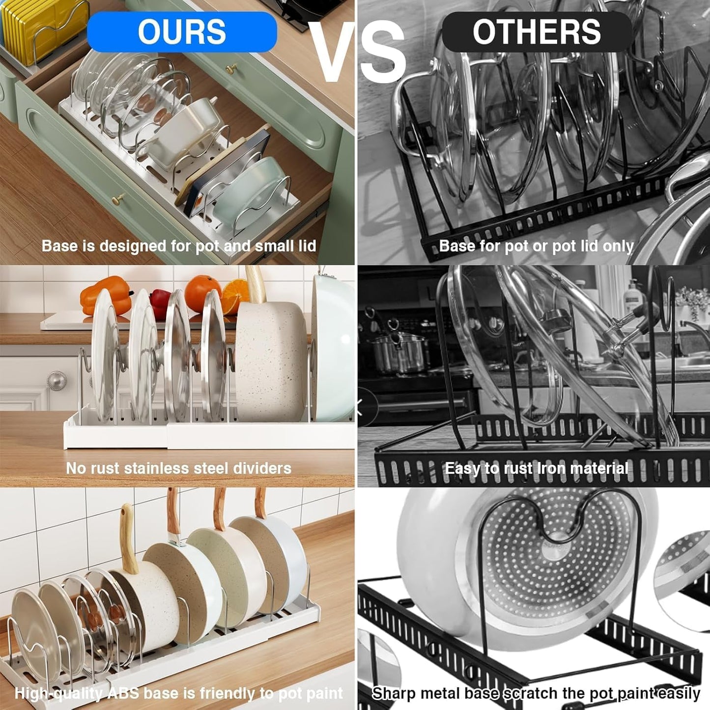 Pots and Pans Organizer Under Cabinet, 22" Expandable Food Storage Container Lid Organizers with 9 Adjustable Dividers Pot and Pan Lid Holders Rack Inside Cabinet/Countertop(1 Pack, White)