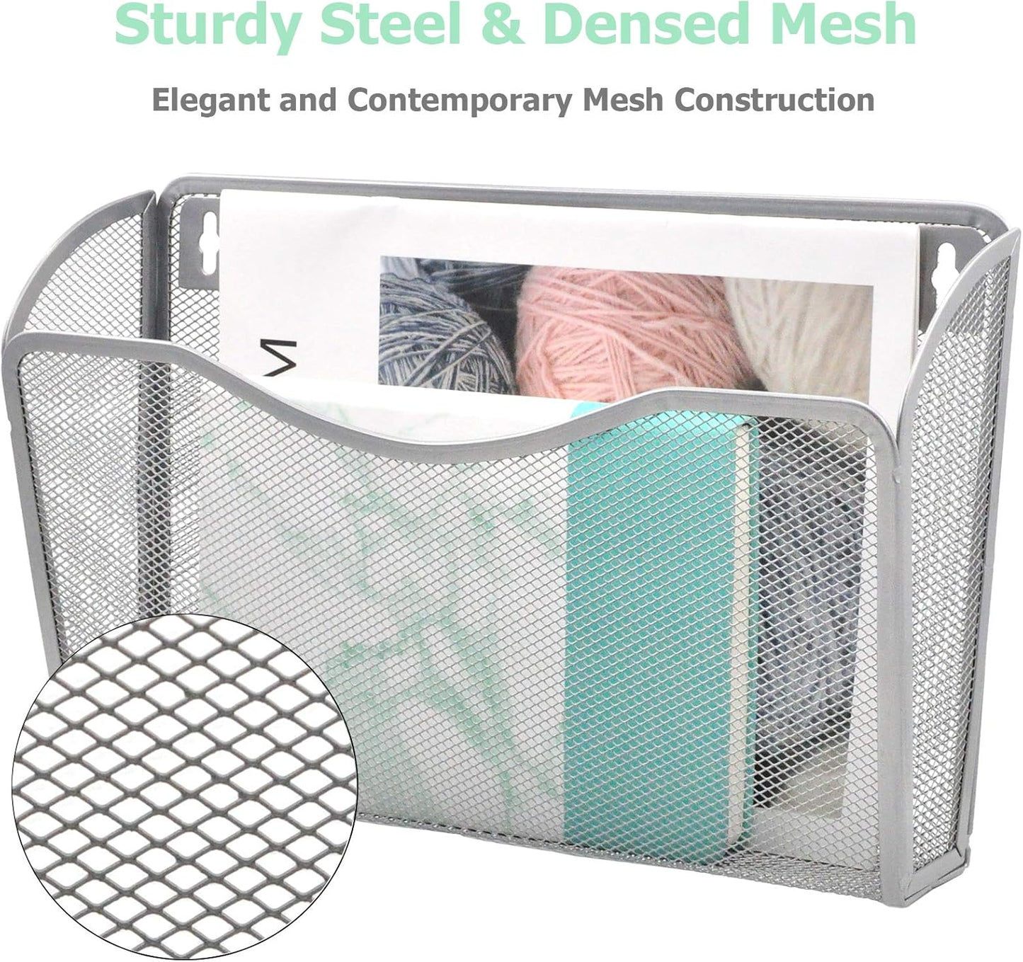 EASEPRES 3 Single Pocket Mesh Hanging File Organizer, Vertical Wall Mounted Magazine File Holder, Mount Basket Mail Paper Document Folder Organizing for Office, Home and School, Silver