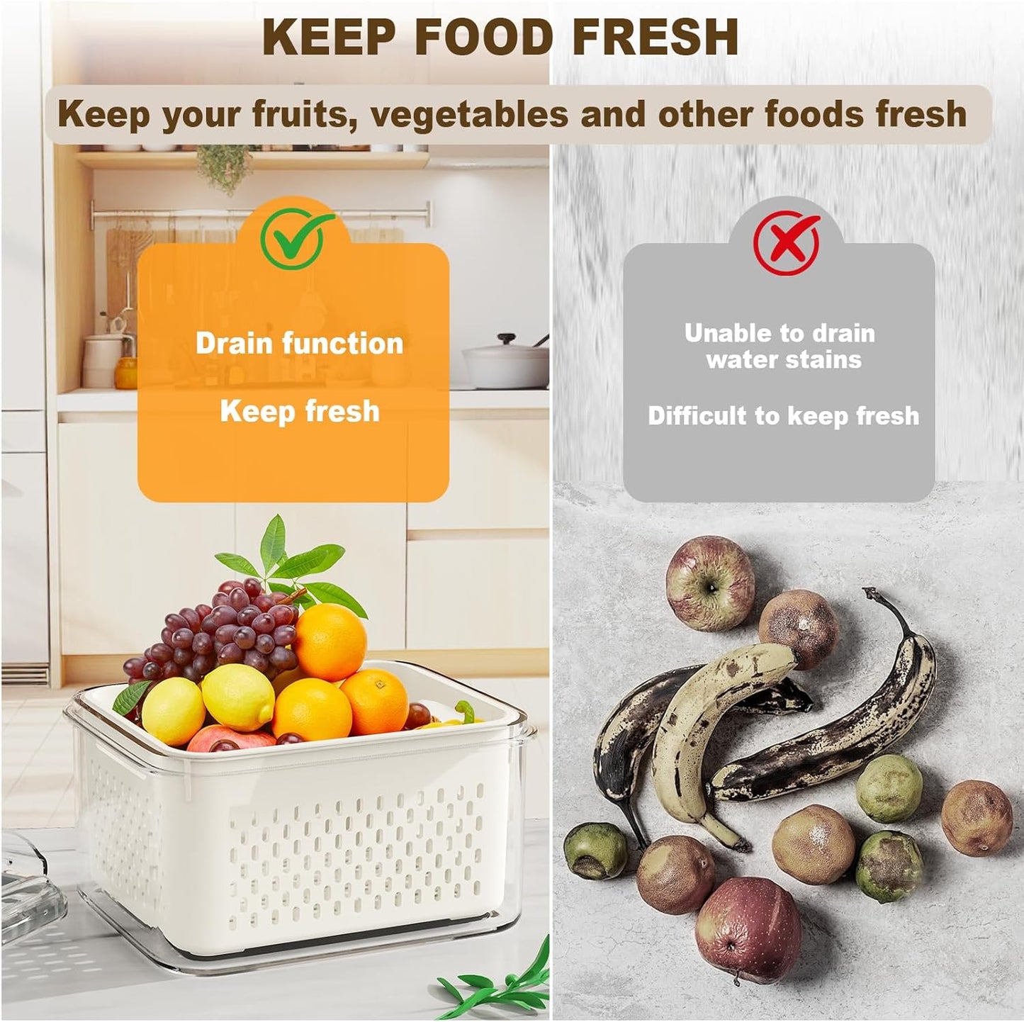 4 Pcs Fruit Storage Containers for Fridge (with Drain Basket) - Leak-Proof Food Containers, BPA-Free, Keep Fruits, Vegetables, Berries, and Meats Fresh for a Long Time, Dishwasher and Microwave Safe
