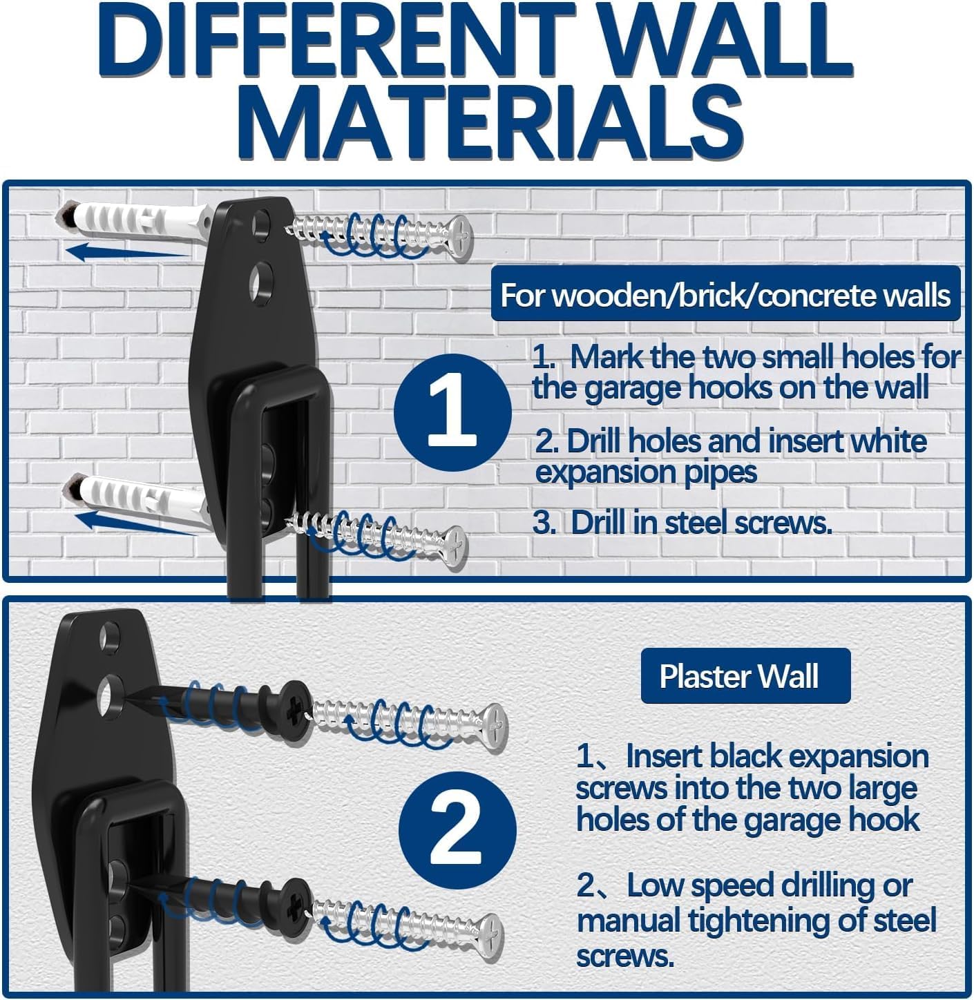 3-H Garage Wall Hooks 60 Pack, Heavy Duty Garage Hooks with Extra Welding Spots, Wall Mount Storage Organizer for Hanging Garden Lawn Tools, Ladder, Bike, WeedEater, Chair, Shovel, Blower (Black)