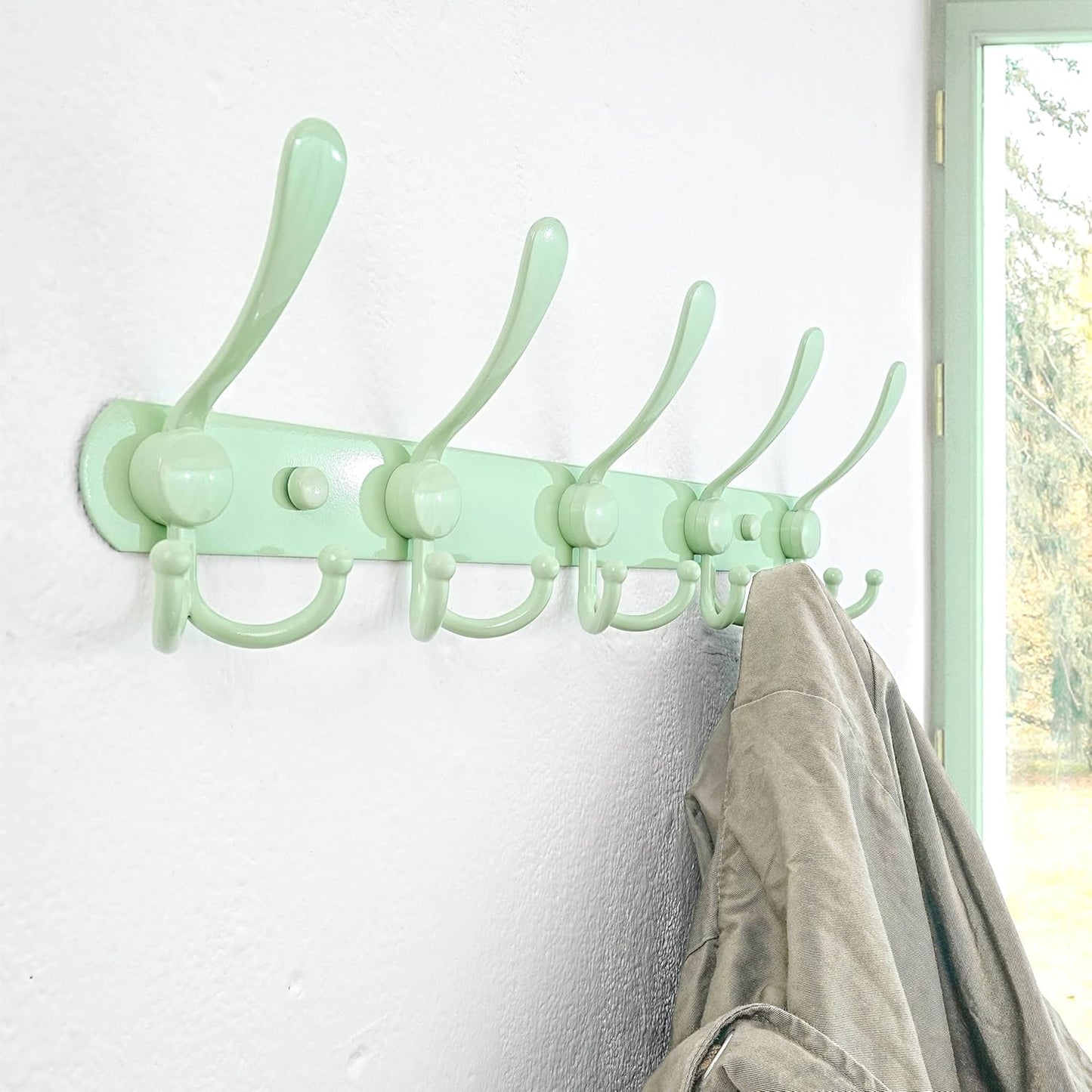 Dseap Coat Rack Wall Mounted - 5 Tri Hooks, Heavy Duty, Stainless Steel, Metal Coat Hook Rail for Coat Hat Towel Purse Robes Mudroom Bathroom Entryway, Green