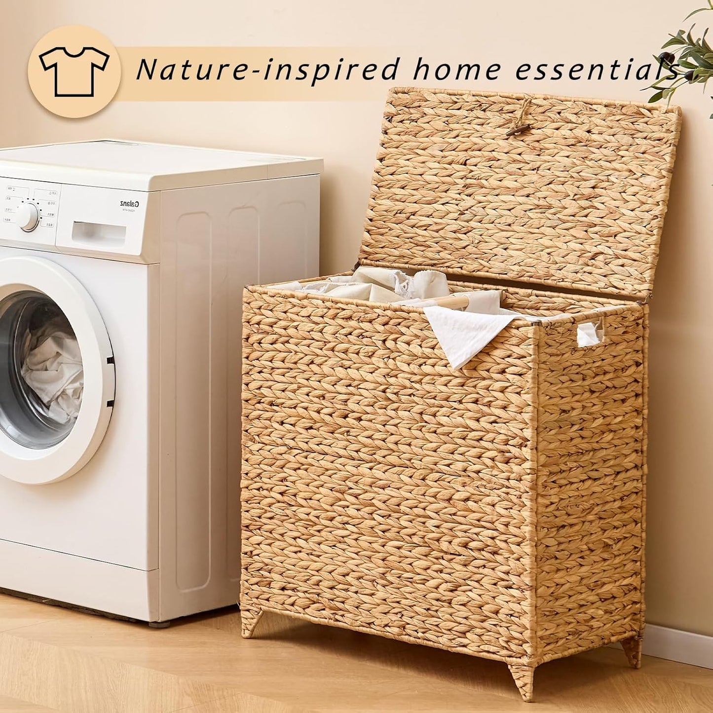 Handwoven Large Laundry Hamper with Lid and 2 Removable Liner Bags, Heightened Feet Natural Hyacinth Clothes Hamper,Wicker Laundry Basket for Clothes and Towels