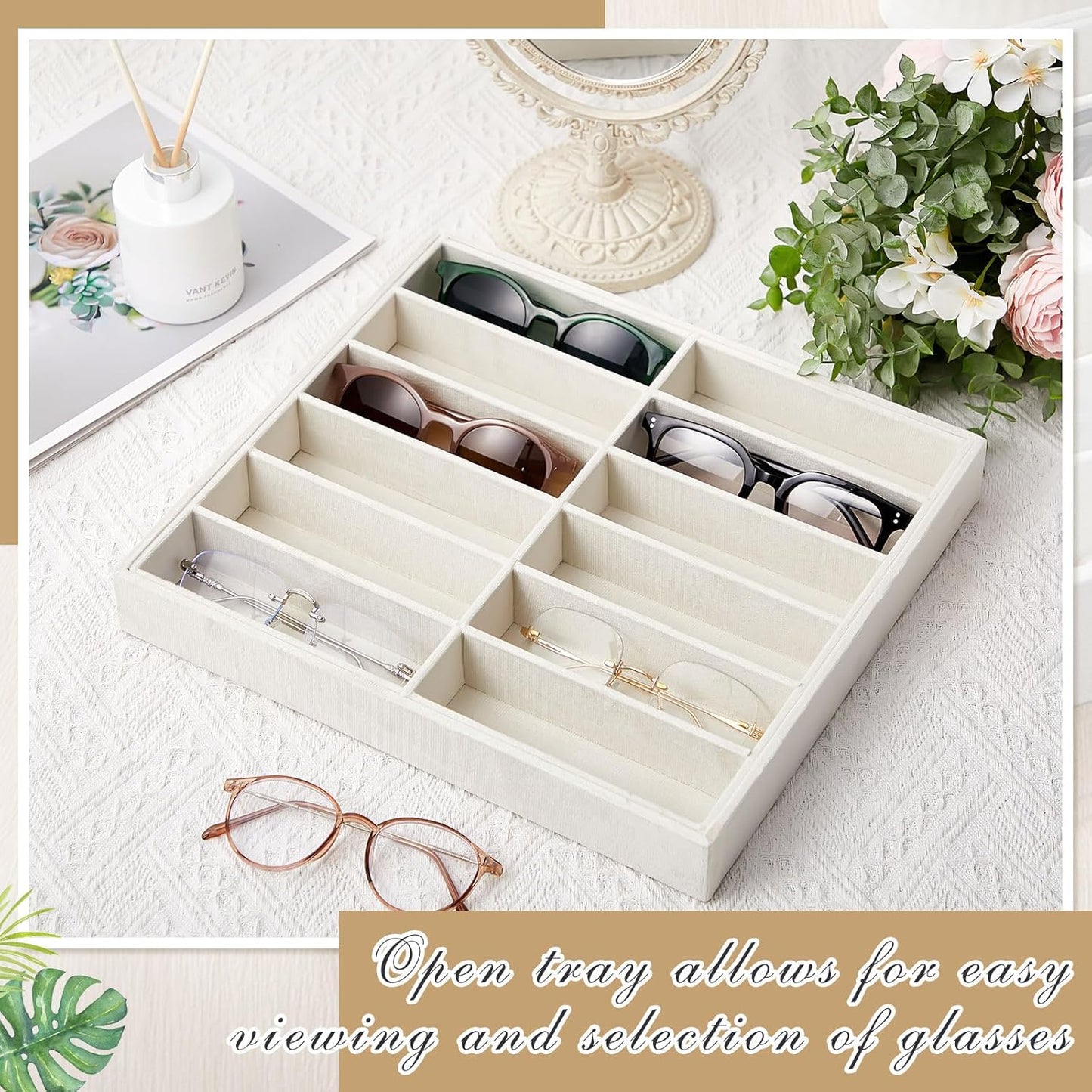 Amylove 2 Pcs Sunglass Organizer Trays Glasses Stackable Jewelry Trays Sunglass Organizer Display Box (12 Grids,Beige)