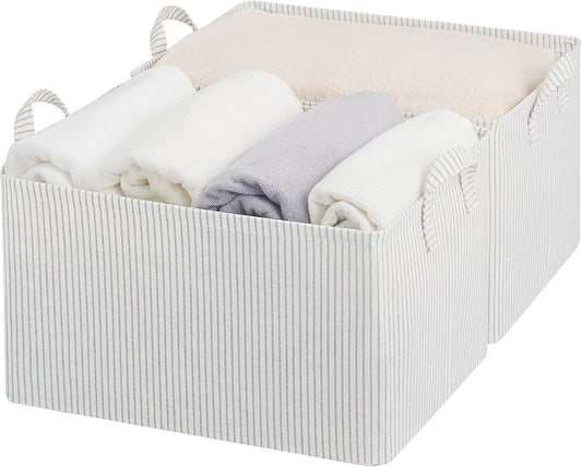 StorageWorks Storage Bins, Fabric Storage Bins for Shelves, Extra Large Storage Baskets with Metal Frame, Closet Baskets and Bins with Handles, Jumbo, Gray and White Stripes, 2-Pack