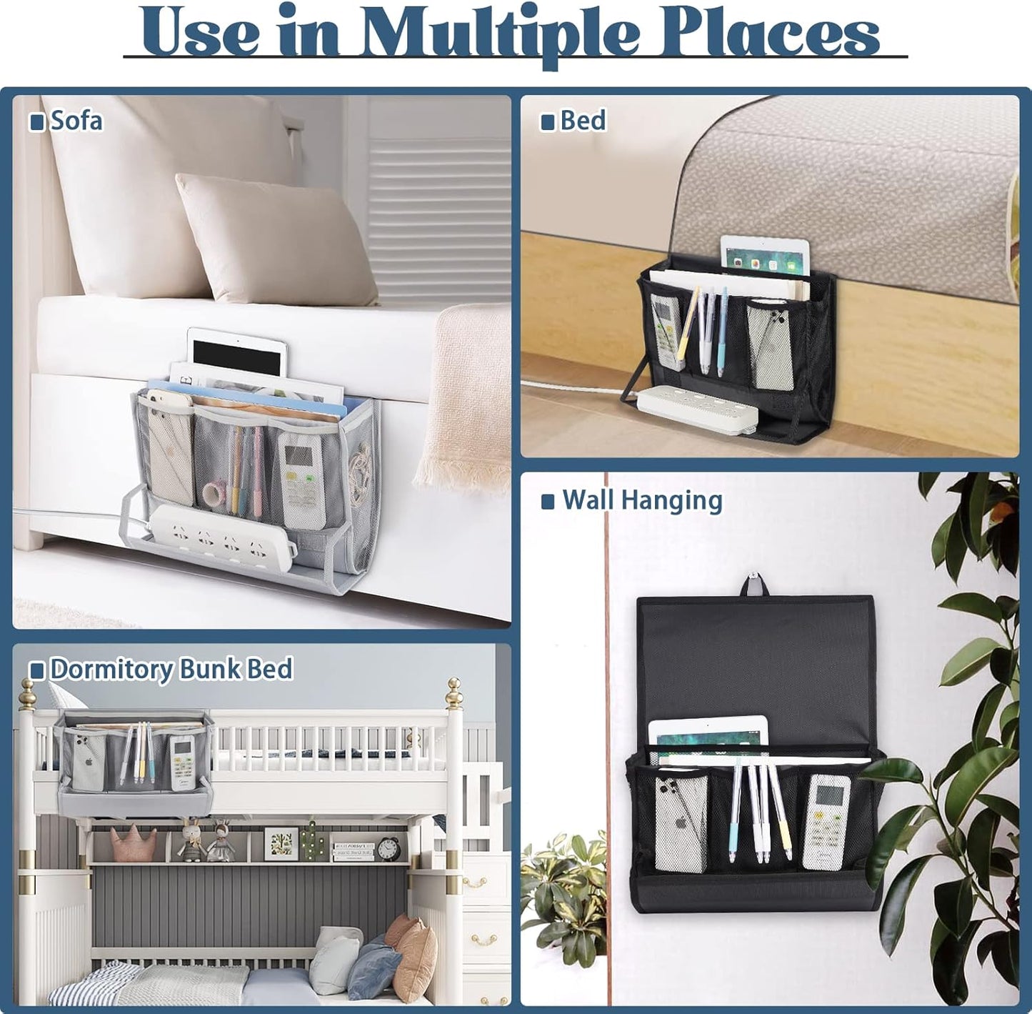 Bedside Storage Organizer with Power Strip Holder and Adjustable Straps Bed Hanging Bag for Home Bunk Bed Dorm Sofa (Light Gray)