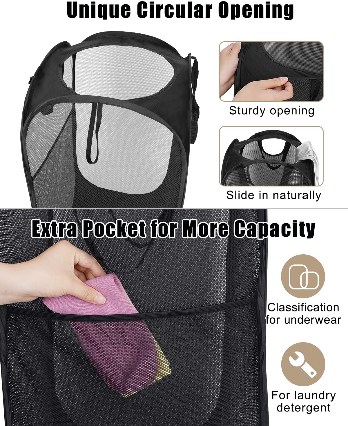 HOUSE AGAIN Mesh Popup Laundry Hamper, [Reinforced] Collapsible Laundry Basket, Foldable Pop Up Hamper with Durable Handles, Easy to Open and Fold for Dorm, Laundry Room, Bedroom, Travel, (Black)