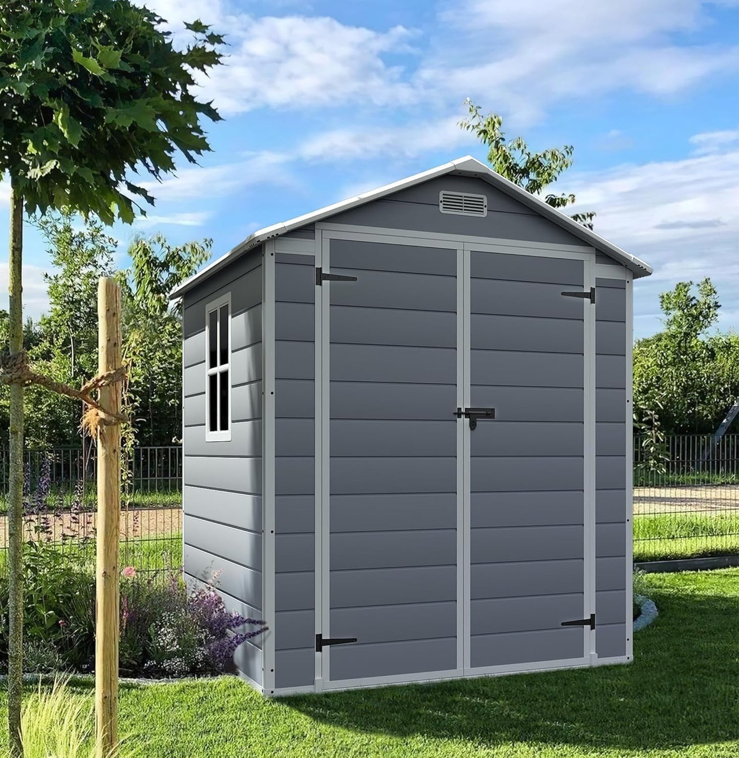 Devoko 6x4FT Outdoor Storage Shed with Lockable Door, Waterproof Plastic Resin Garden Shed Tool with Floor for Backyard, Patio, Lawn, Pool Supplies (Grey)
